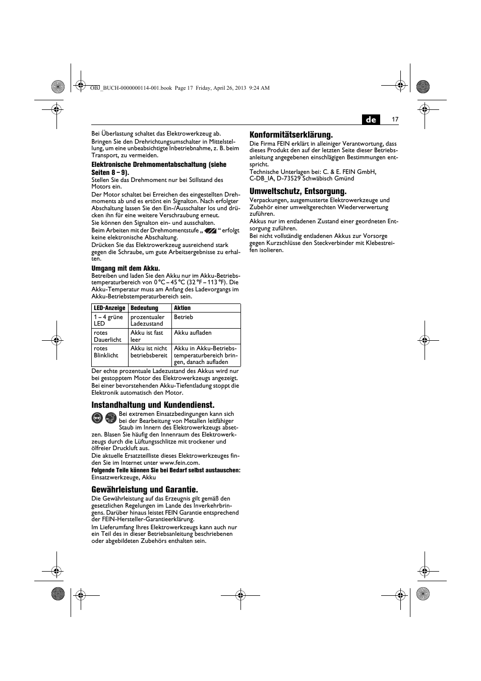 Instandhaltung und kundendienst, Gewährleistung und garantie, Konformitätserklärung | Umweltschutz, entsorgung | Fein ASCM_18QXC User Manual | Page 17 / 154