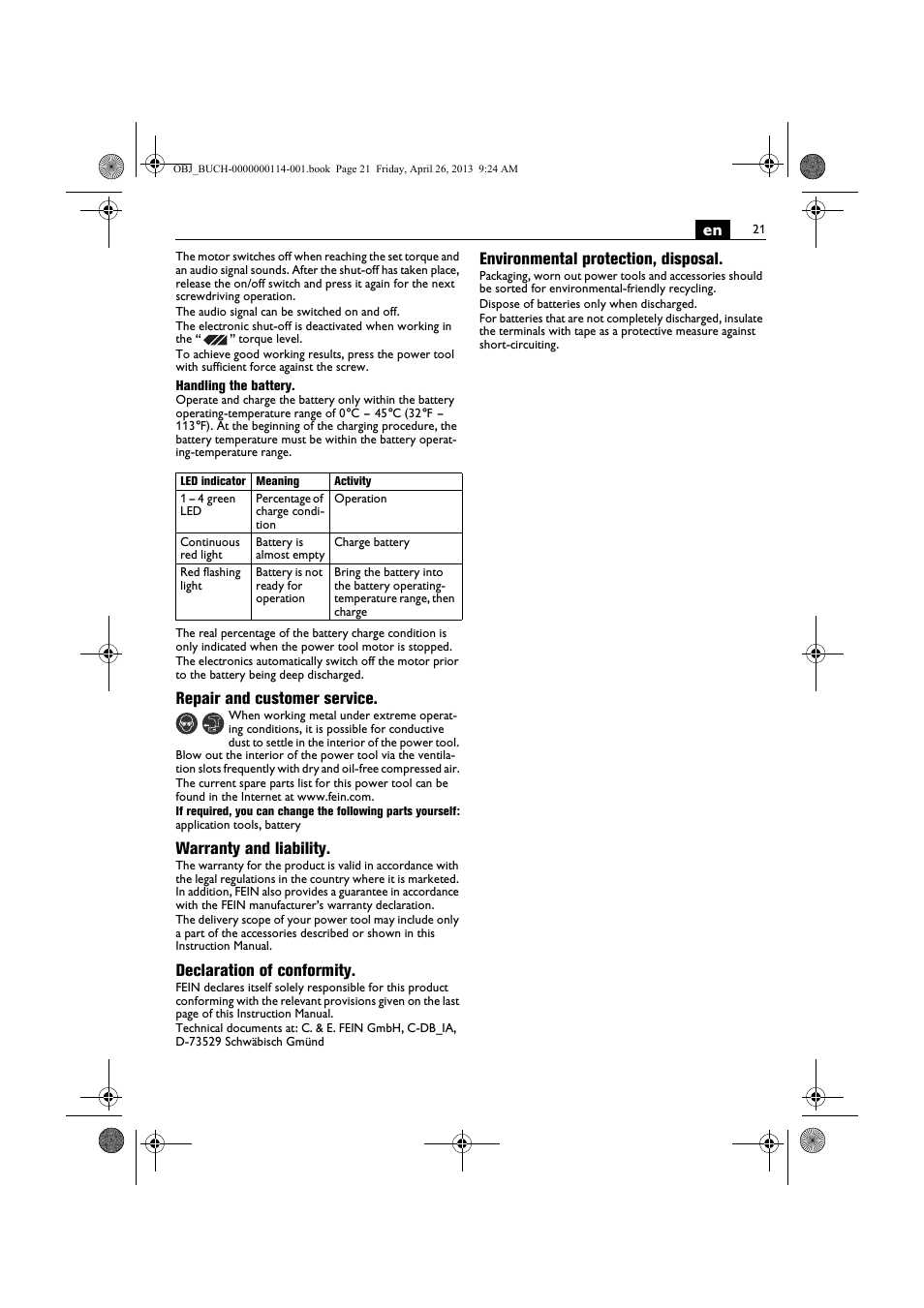 Repair and customer service, Warranty and liability, Declaration of conformity | Environmental protection, disposal | Fein ASCM_18QXC User Manual | Page 21 / 154