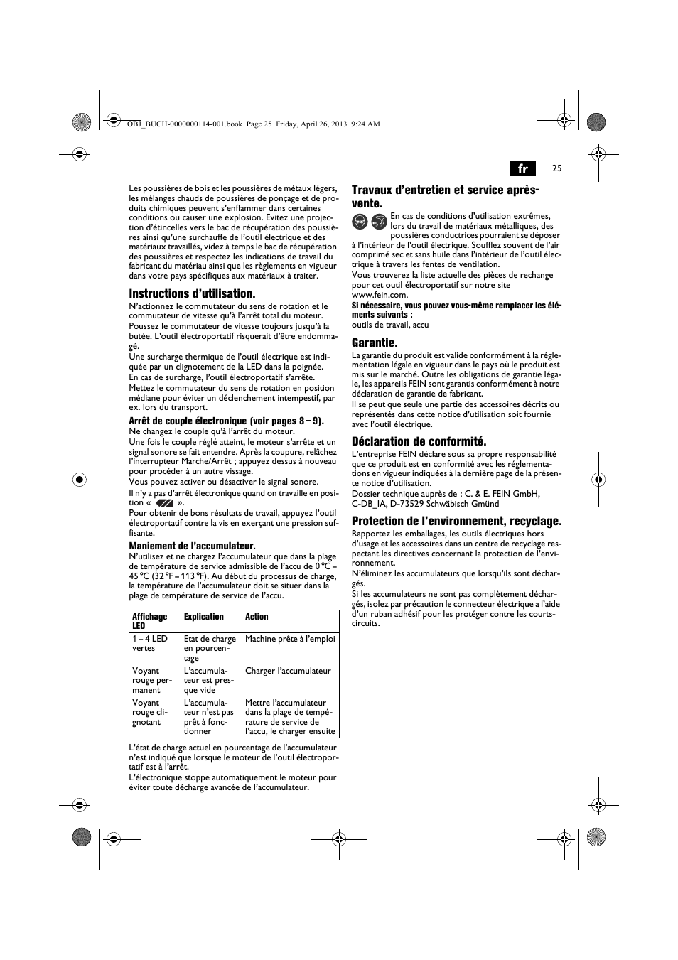 Instructions d’utilisation, Travaux d’entretien et service après- vente, Garantie | Déclaration de conformité, Protection de l’environnement, recyclage | Fein ASCM_18QXC User Manual | Page 25 / 154