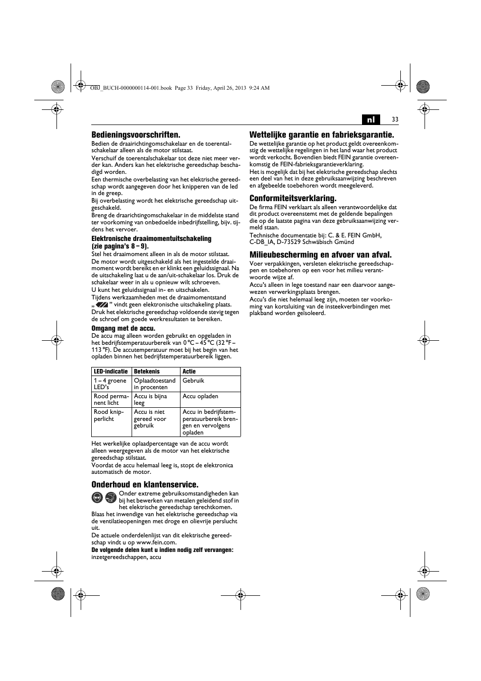 Nl bedieningsvoorschriften, Onderhoud en klantenservice, Wettelijke garantie en fabrieksgarantie | Conformiteitsverklaring, Milieubescherming en afvoer van afval | Fein ASCM_18QXC User Manual | Page 33 / 154