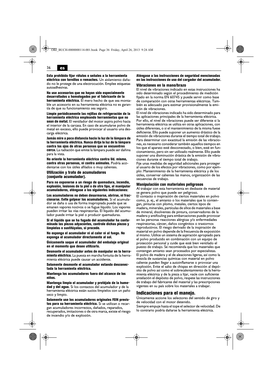 Indicaciones para el manejo | Fein ASCM_18QXC User Manual | Page 36 / 154
