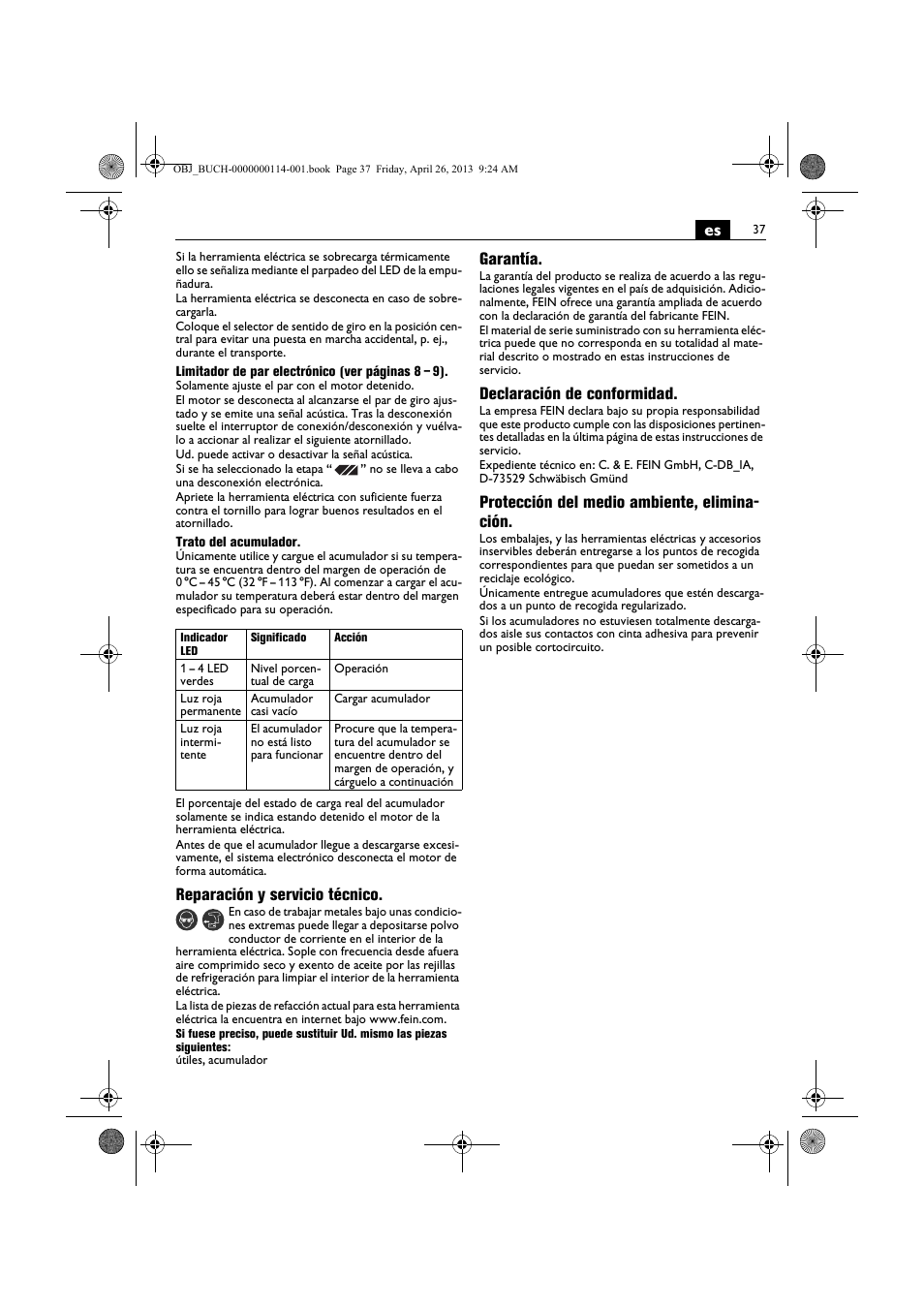 Reparación y servicio técnico, Garantía, Declaración de conformidad | Protección del medio ambiente, elimina- ción | Fein ASCM_18QXC User Manual | Page 37 / 154