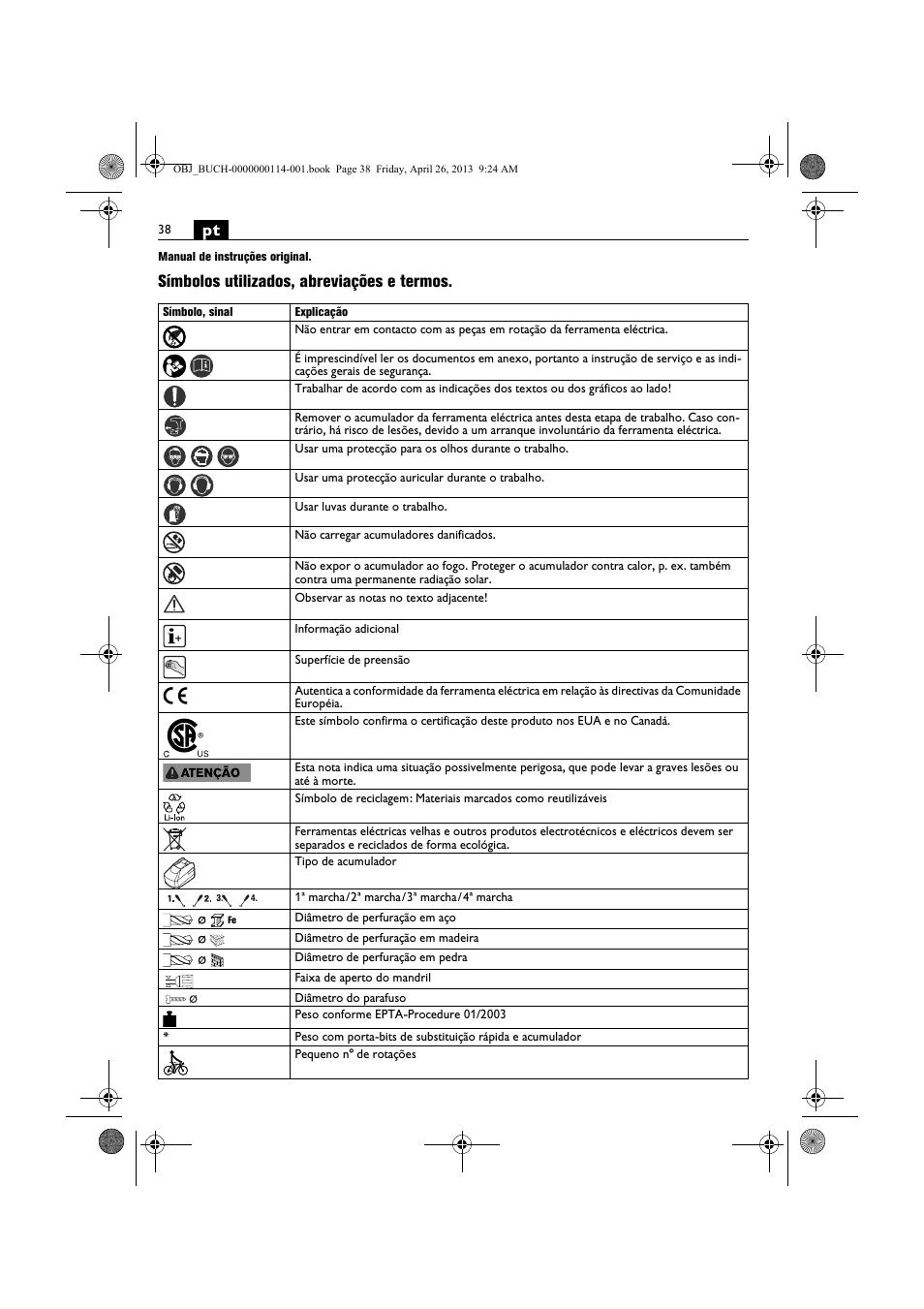 Símbolos utilizados, abreviações e termos | Fein ASCM_18QXC User Manual | Page 38 / 154