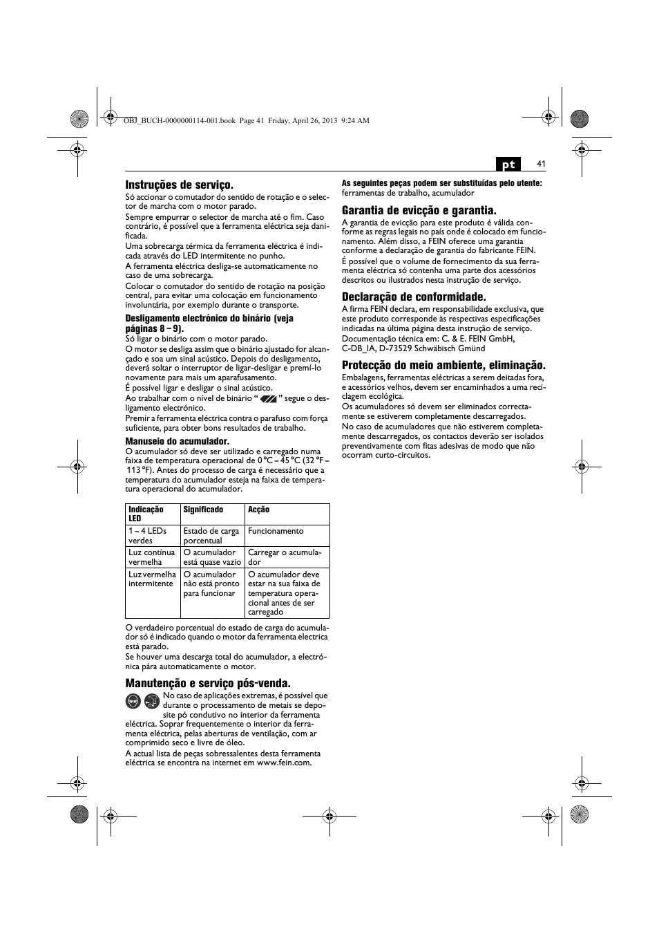 Pt instruções de serviço, Manutenção e serviço pós-venda, Garantia de evicção e garantia | Declaração de conformidade, Protecção do meio ambiente, eliminação | Fein ASCM_18QXC User Manual | Page 41 / 154