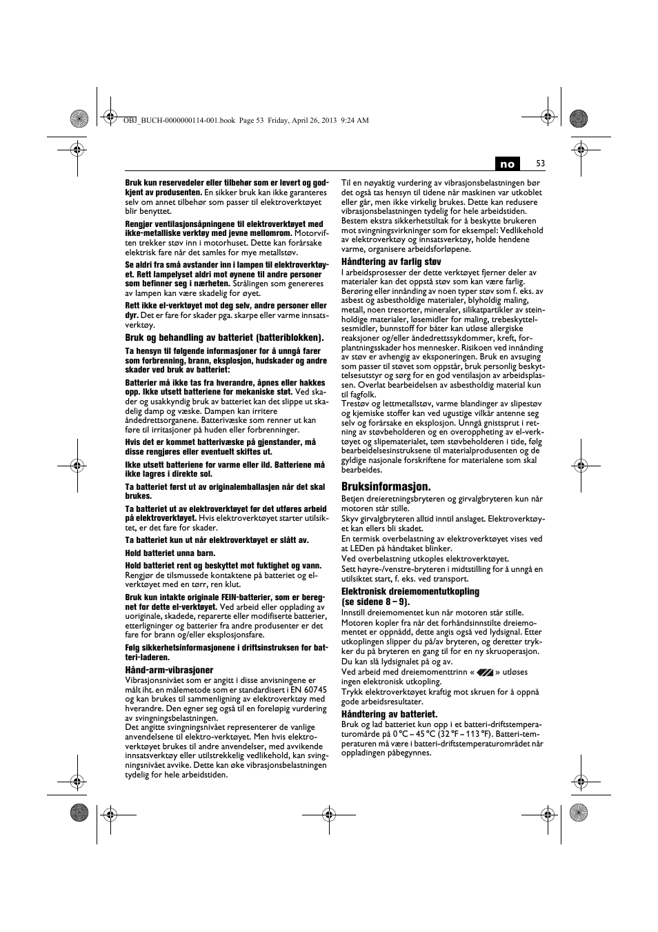 Bruksinformasjon | Fein ASCM_18QXC User Manual | Page 53 / 154