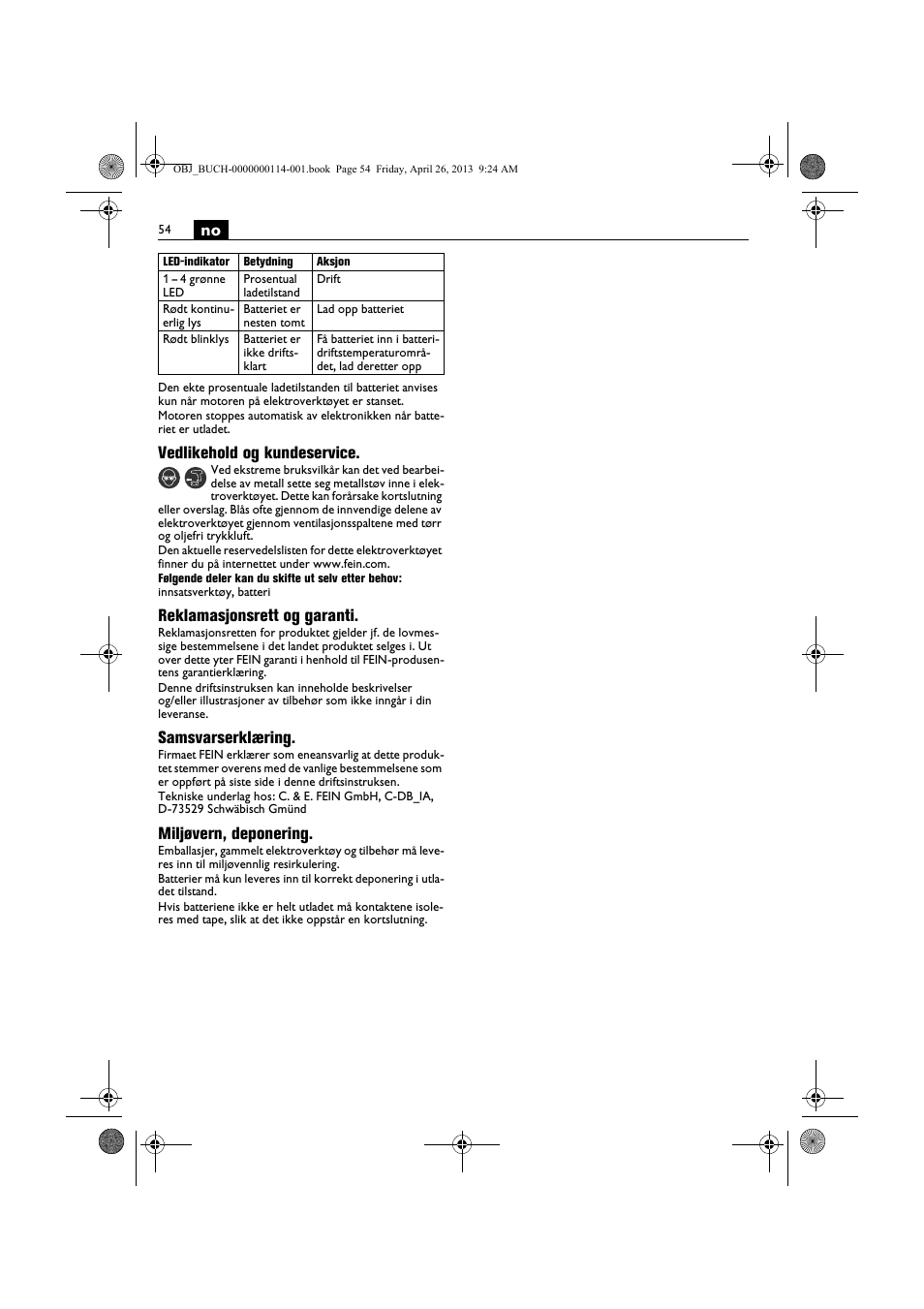 Vedlikehold og kundeservice, Reklamasjonsrett og garanti, Samsvarserklæring | Miljøvern, deponering | Fein ASCM_18QXC User Manual | Page 54 / 154