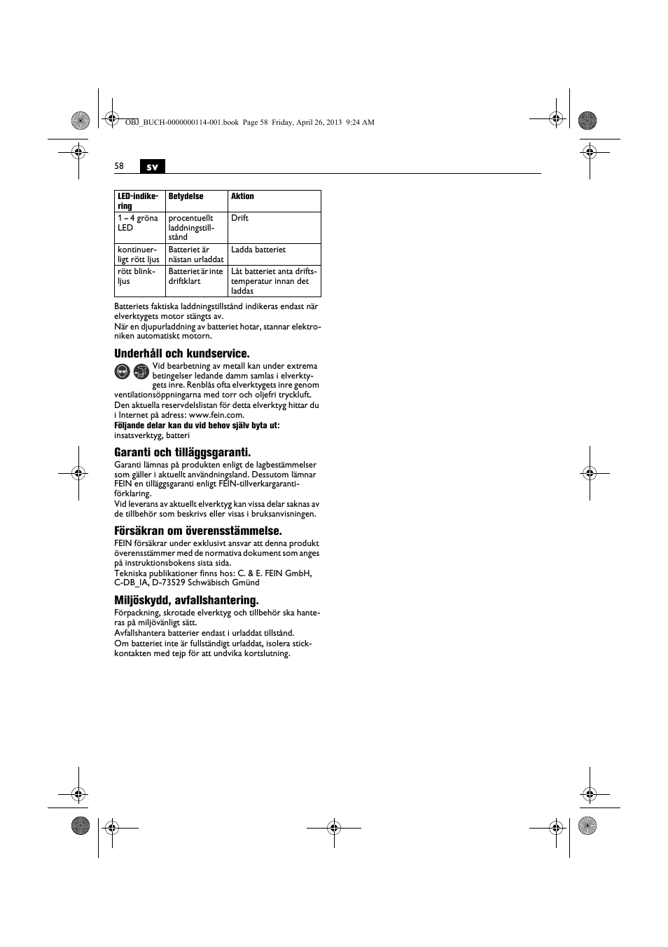 Underhåll och kundservice, Garanti och tilläggsgaranti, Försäkran om överensstämmelse | Miljöskydd, avfallshantering | Fein ASCM_18QXC User Manual | Page 58 / 154