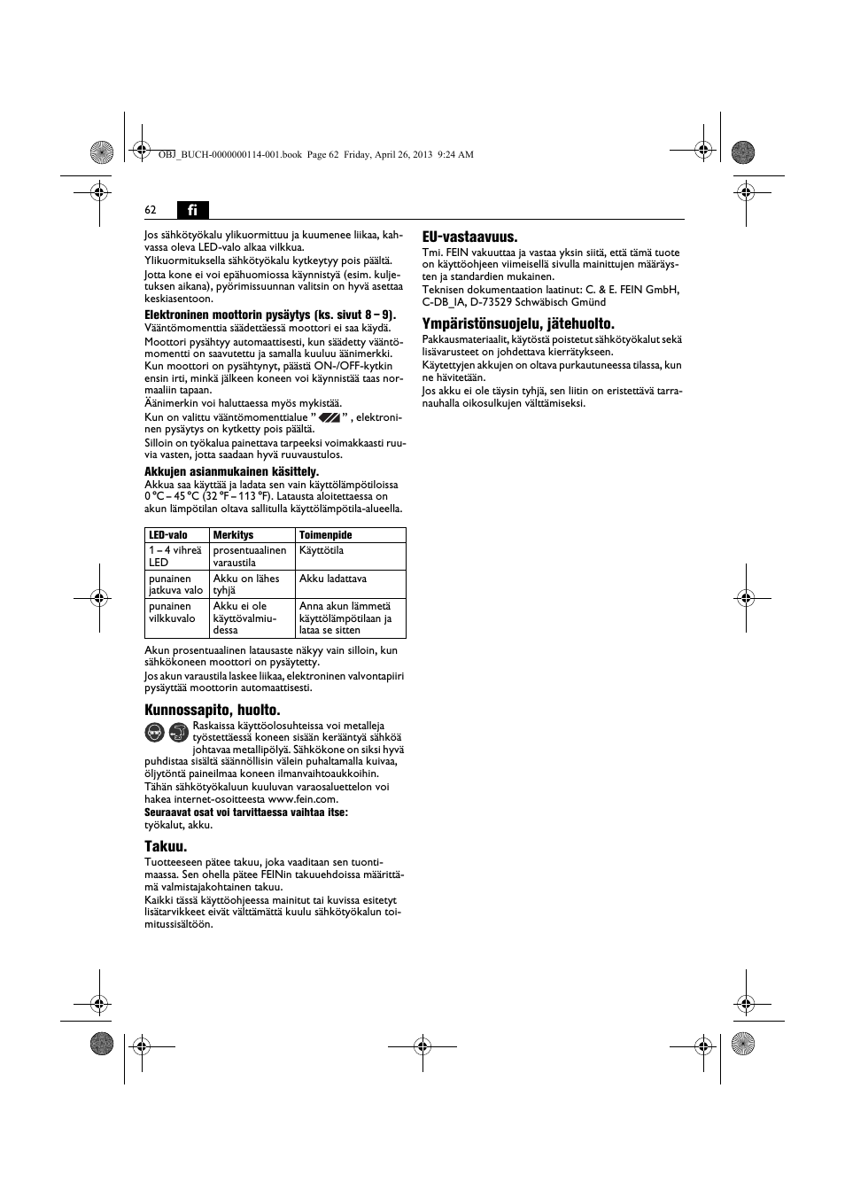 Kunnossapito, huolto, Takuu, Eu-vastaavuus | Ympäristönsuojelu, jätehuolto | Fein ASCM_18QXC User Manual | Page 62 / 154