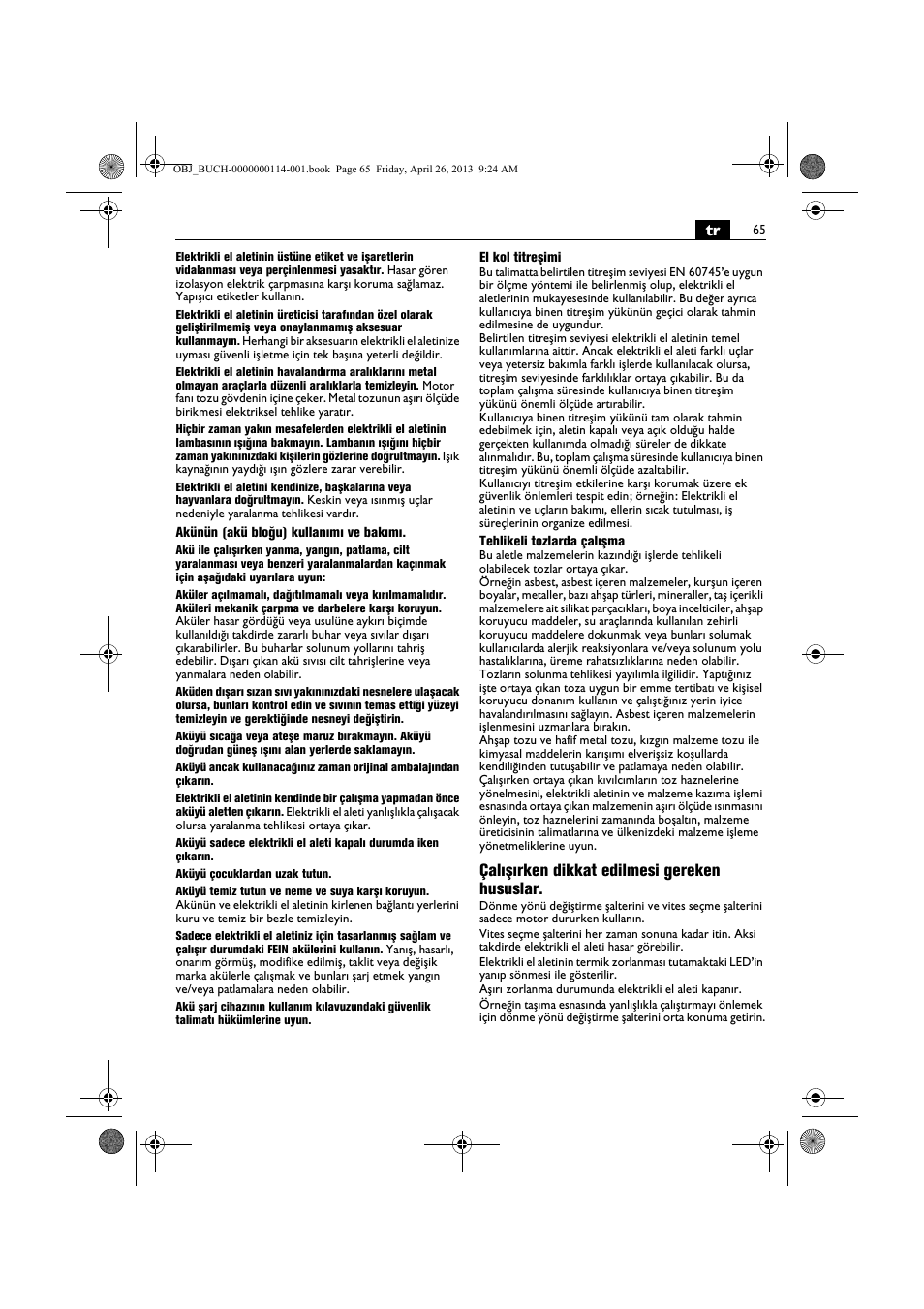 Çalışırken dikkat edilmesi gereken hususlar | Fein ASCM_18QXC User Manual | Page 65 / 154