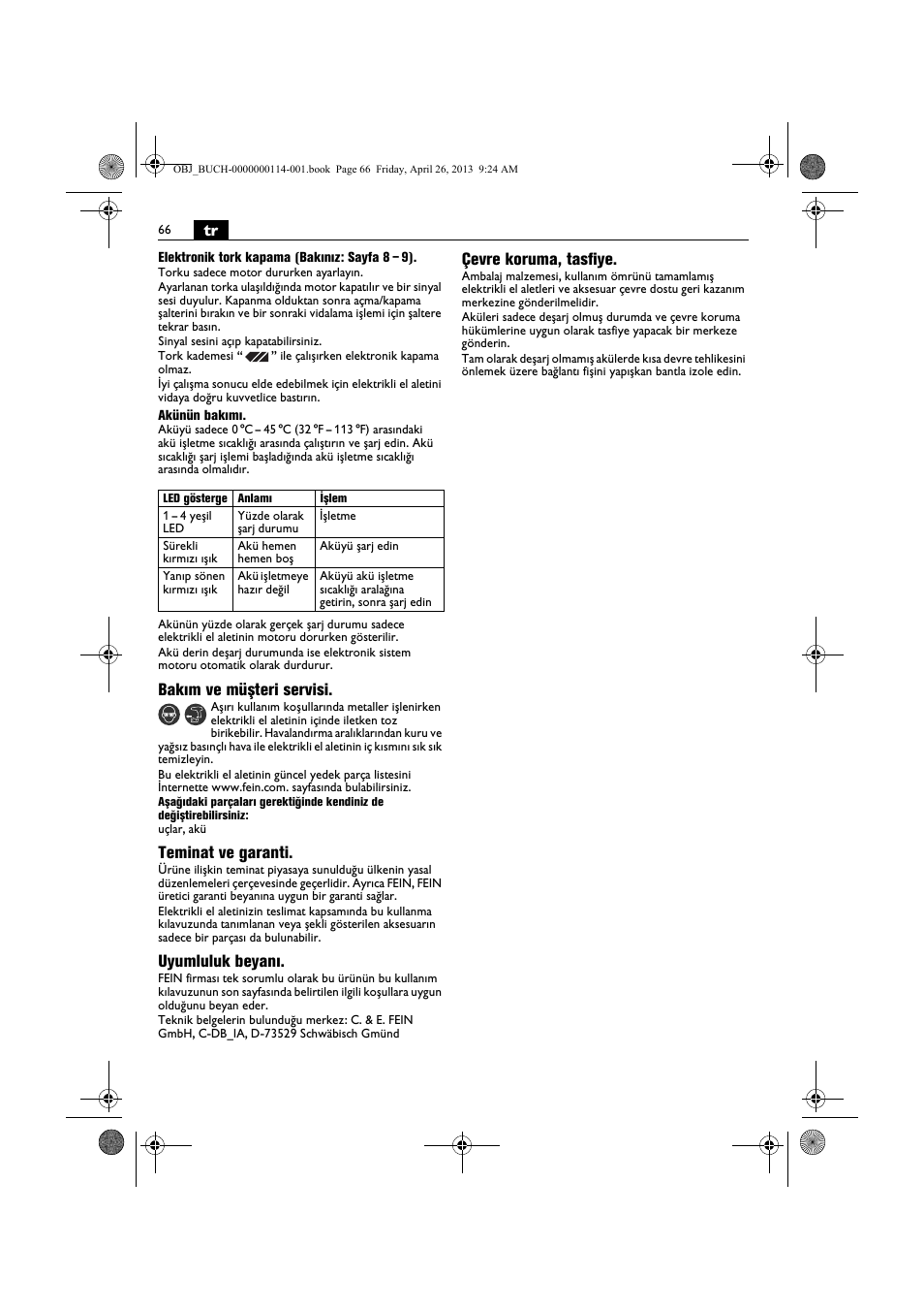 Bakım ve müşteri servisi, Teminat ve garanti, Uyumluluk beyanı | Çevre koruma, tasfiye | Fein ASCM_18QXC User Manual | Page 66 / 154
