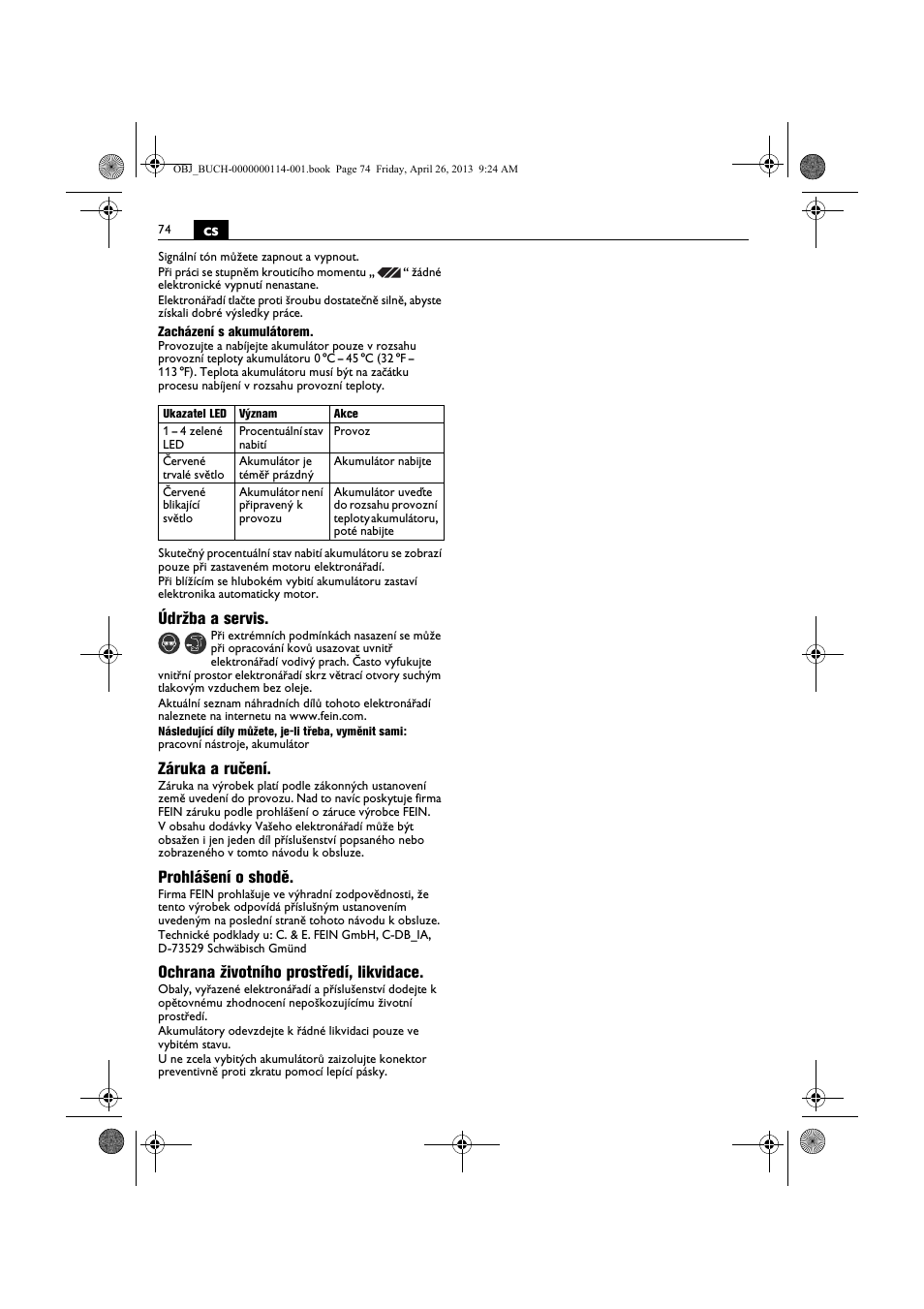 Údržba a servis, Záruka a ručení, Prohlášení o shodě | Ochrana životního prostředí, likvidace | Fein ASCM_18QXC User Manual | Page 74 / 154
