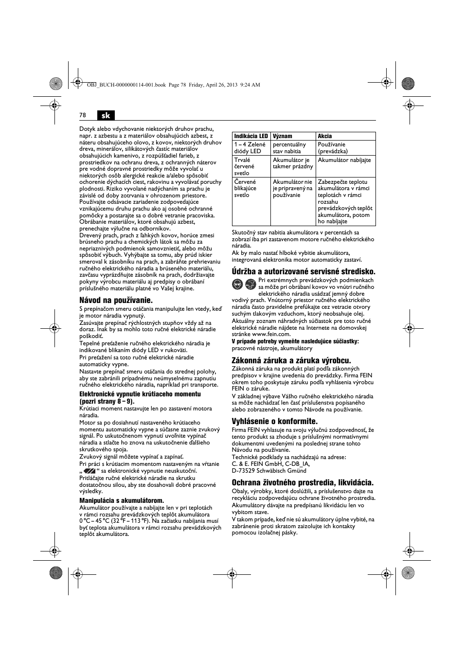 Návod na používanie, Údržba a autorizované servisné stredisko, Zákonná záruka a záruka výrobcu | Vyhlásenie o konformite, Ochrana životného prostredia, likvidácia | Fein ASCM_18QXC User Manual | Page 78 / 154