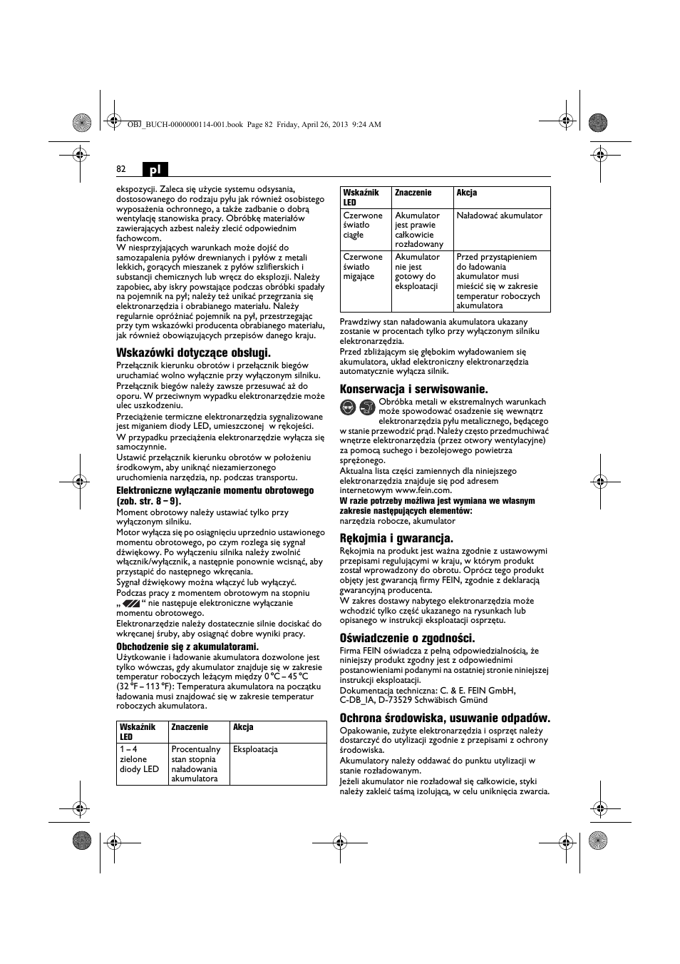Wskazówki dotyczące obsługi, Konserwacja i serwisowanie, Rękojmia i gwarancja | Oświadczenie o zgodności, Ochrona środowiska, usuwanie odpadów | Fein ASCM_18QXC User Manual | Page 82 / 154
