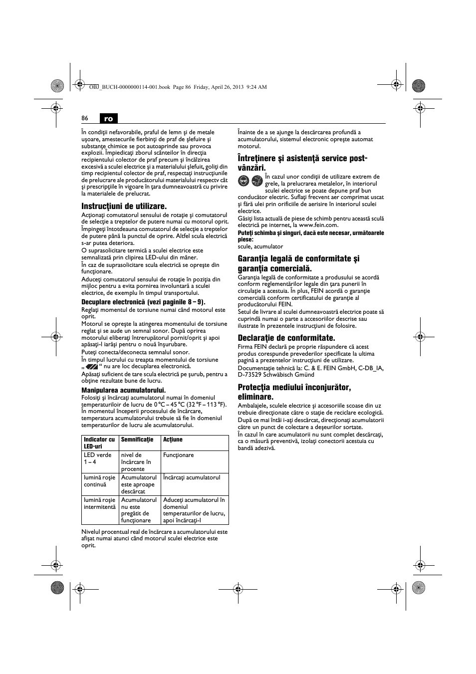 Instrucţiuni de utilizare, Întreţinere şi asistenţă service post- vânzări, Declaraţie de conformitate | Protecţia mediului înconjurător, eliminare | Fein ASCM_18QXC User Manual | Page 86 / 154