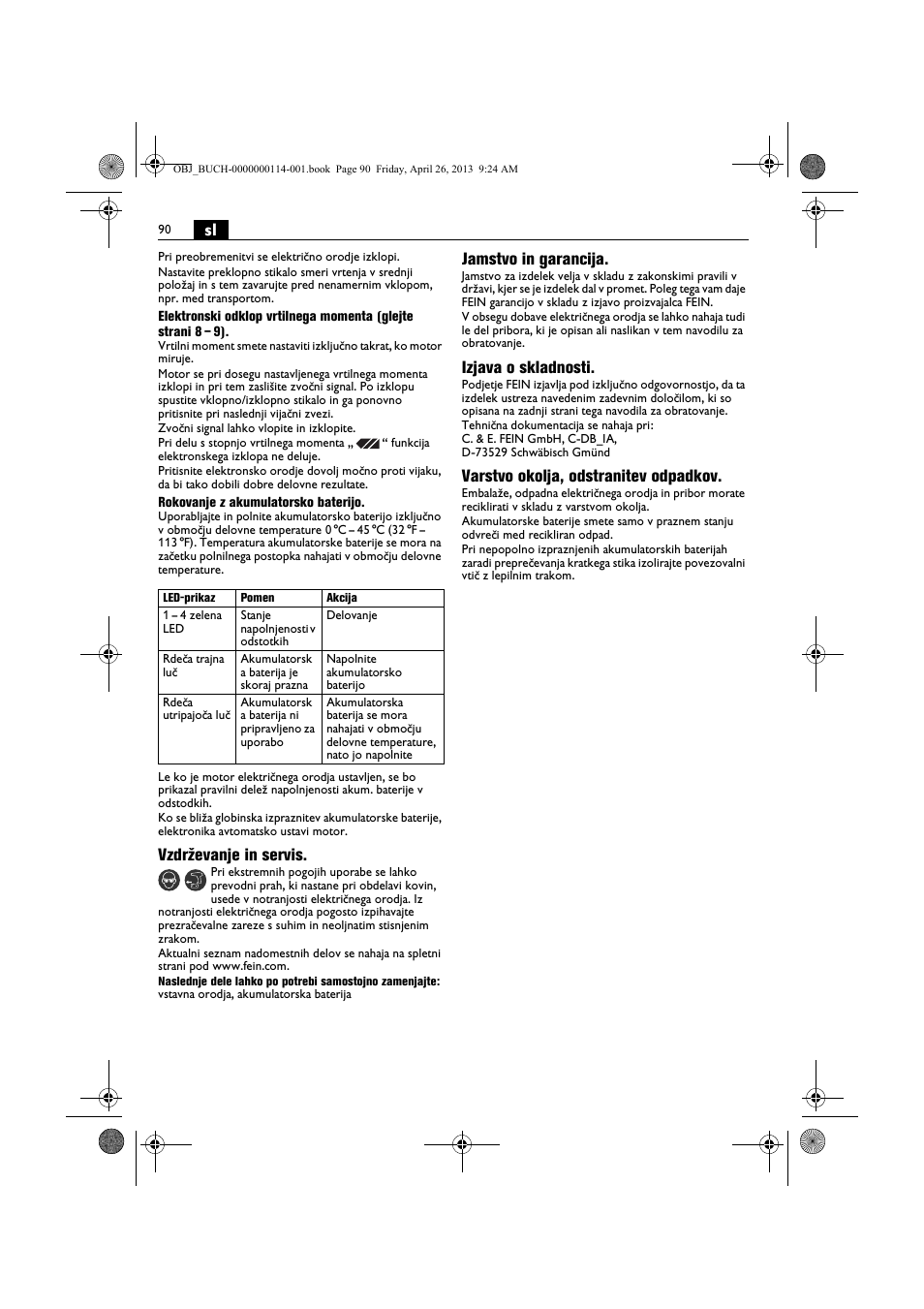 Vzdrževanje in servis, Jamstvo in garancija, Izjava o skladnosti | Varstvo okolja, odstranitev odpadkov | Fein ASCM_18QXC User Manual | Page 90 / 154