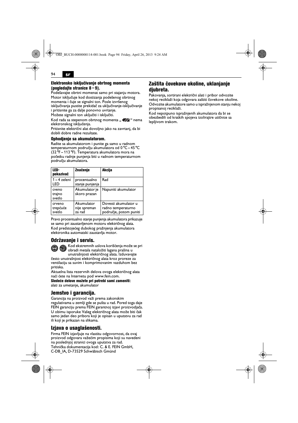 Održavanje i servis, Jemstvo i garancija, Izjava o usaglašenosti | Zaštita čovekove okoline, uklanjanje djubreta | Fein ASCM_18QXC User Manual | Page 94 / 154