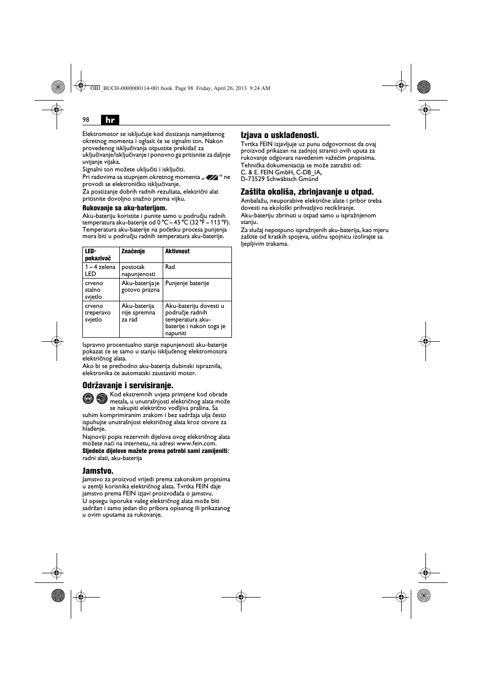 Održavanje i servisiranje, Jamstvo, Izjava o usklađenosti | Zaštita okoliša, zbrinjavanje u otpad | Fein ASCM_18QXC User Manual | Page 98 / 154