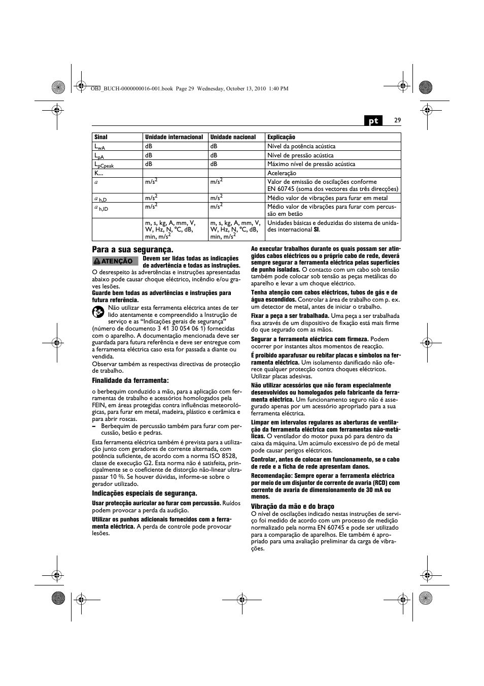 Pt para a sua segurança | Fein DSeu 638 User Manual | Page 29 / 112