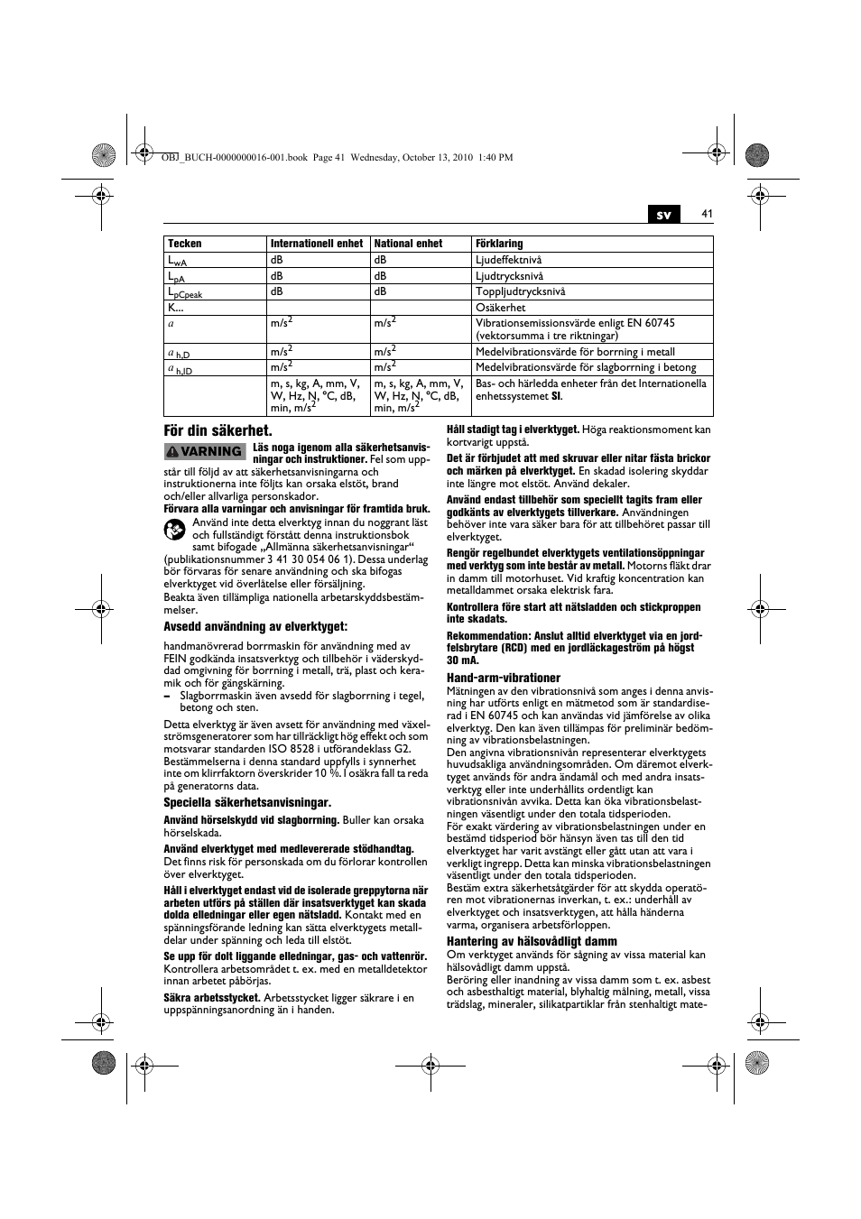 Sv för din säkerhet | Fein DSeu 638 User Manual | Page 41 / 112