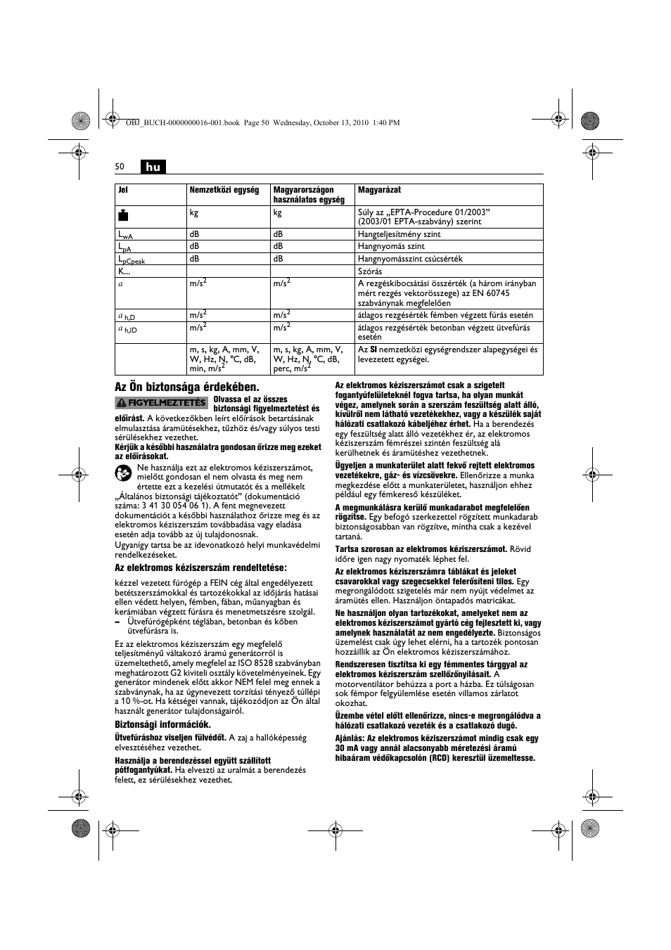 Hu az ön biztonsága érdekében | Fein DSeu 638 User Manual | Page 50 / 112