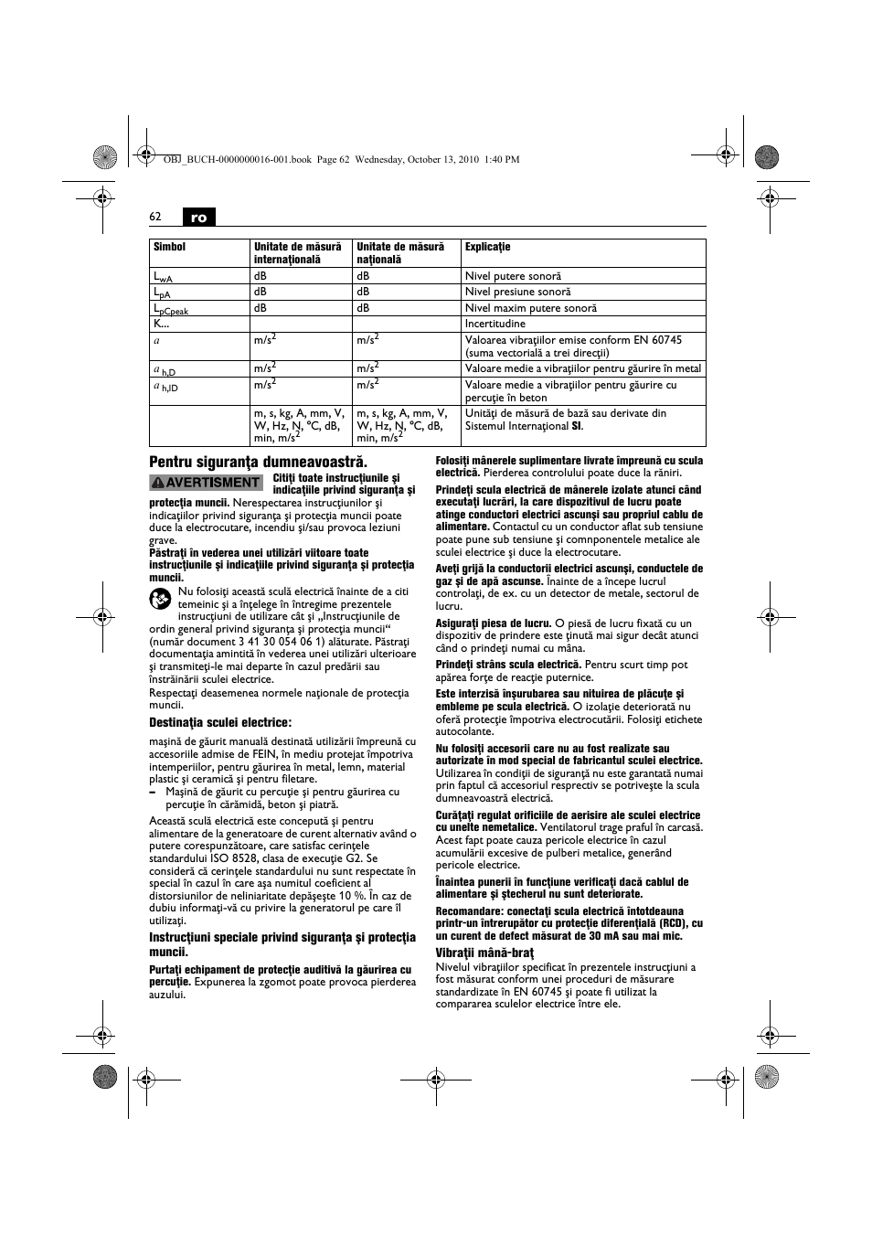 Ro pentru siguranţa dumneavoastră | Fein DSeu 638 User Manual | Page 62 / 112