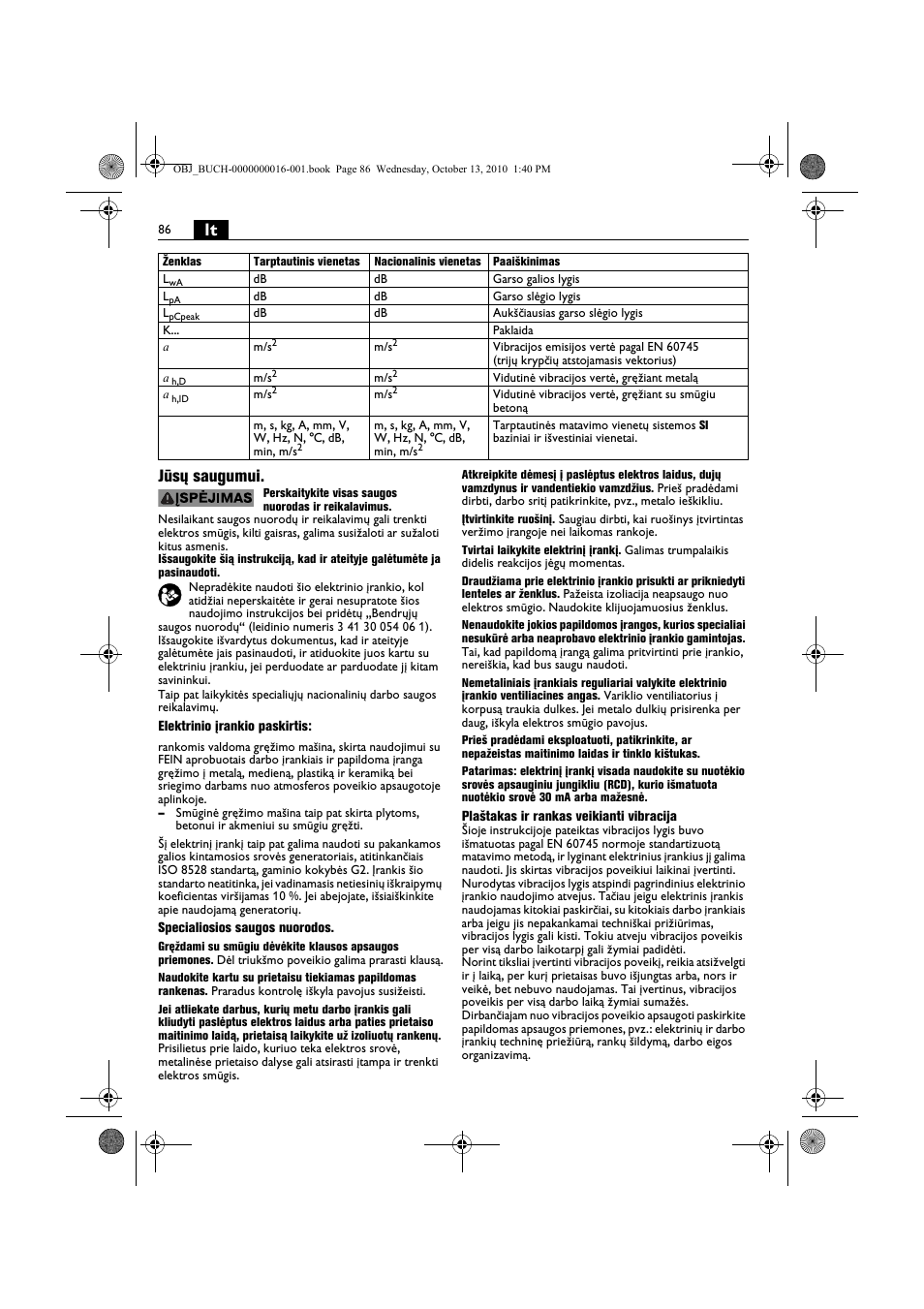 Lt jūsų saugumui | Fein DSeu 638 User Manual | Page 86 / 112