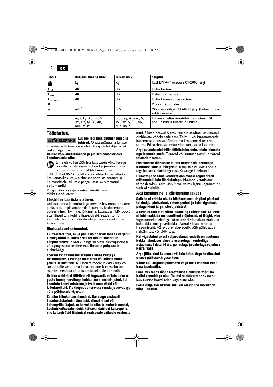 Et tööohutus | Fein MultiMaster с аккумулятором User Manual | Page 110 / 149