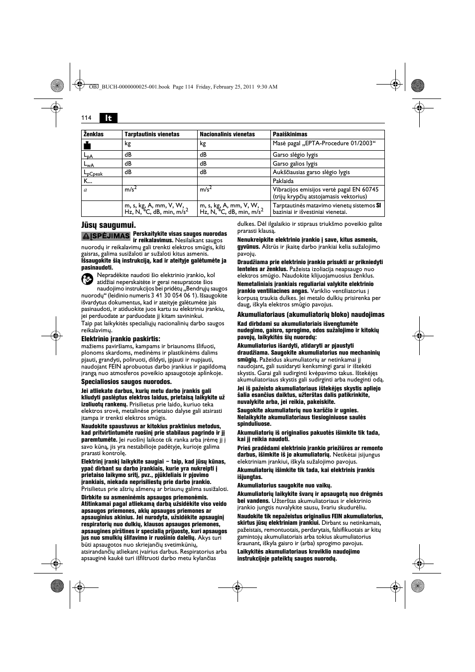 Lt jūsų saugumui | Fein MultiMaster с аккумулятором User Manual | Page 114 / 149