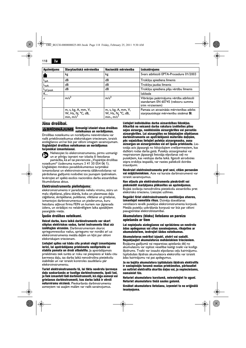 Lv jūsu drošībai | Fein MultiMaster с аккумулятором User Manual | Page 118 / 149