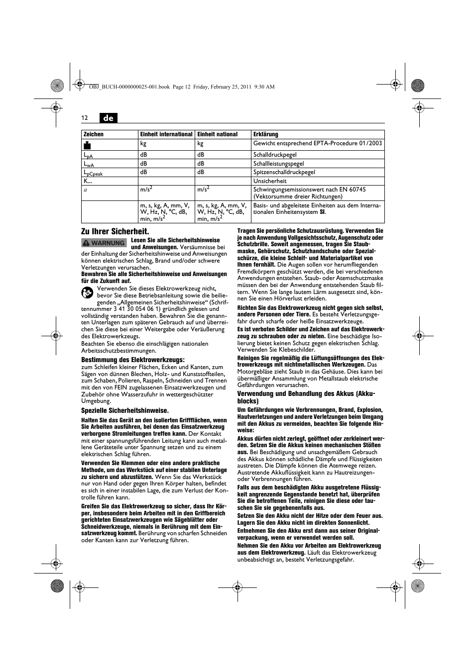 De zu ihrer sicherheit | Fein MultiMaster с аккумулятором User Manual | Page 12 / 149