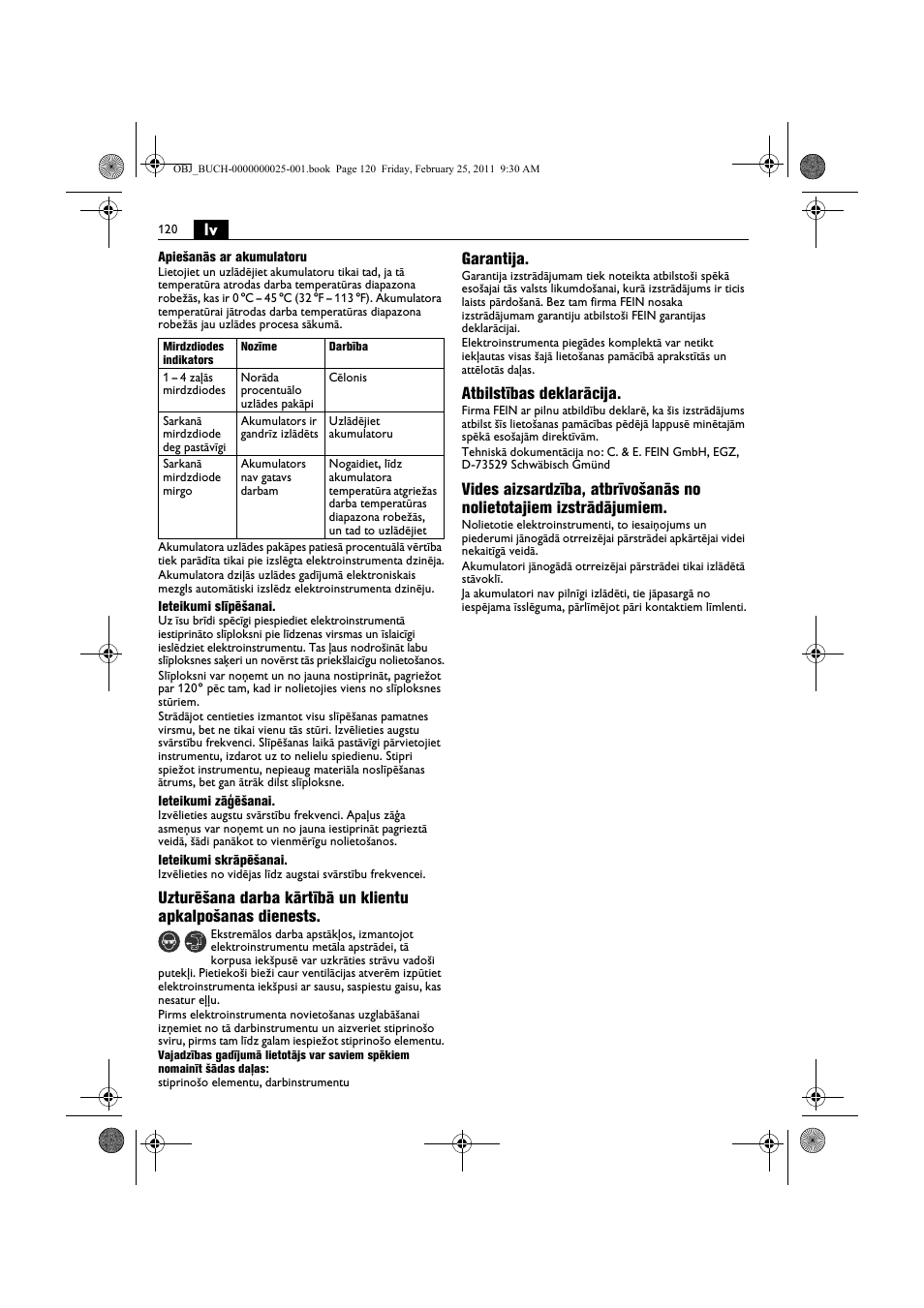 Garantija, Atbilstības deklarācija | Fein MultiMaster с аккумулятором User Manual | Page 120 / 149