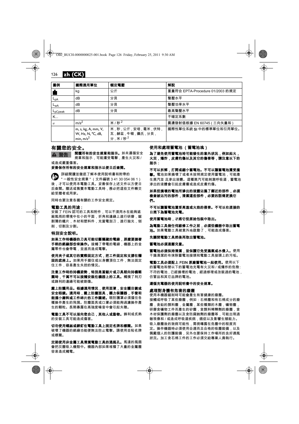 Zh (ck), 有關您的安全 | Fein MultiMaster с аккумулятором User Manual | Page 126 / 149