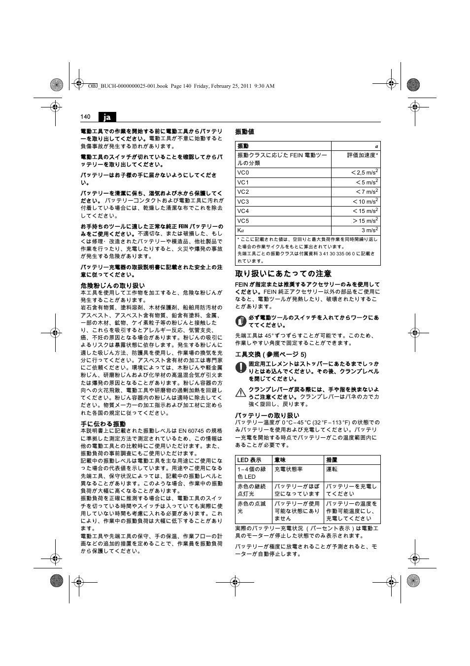 取り扱いにあたっての注意 | Fein MultiMaster с аккумулятором User Manual | Page 140 / 149