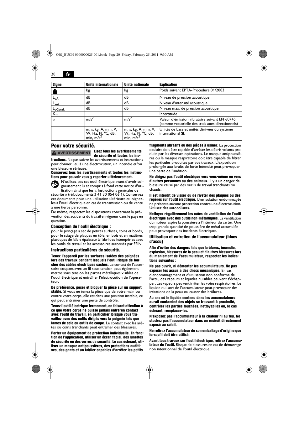 Fr pour votre sécurité | Fein MultiMaster с аккумулятором User Manual | Page 20 / 149