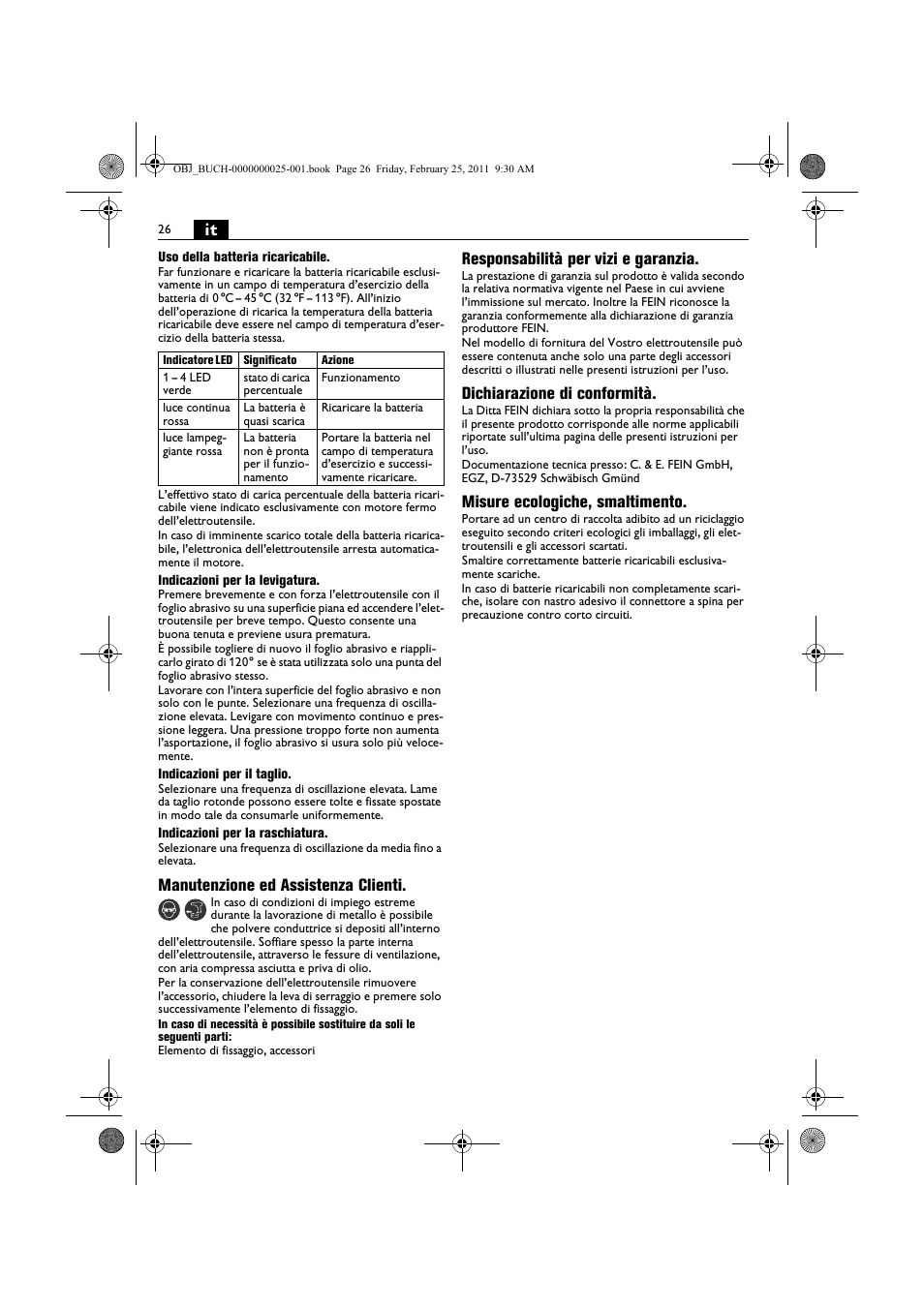 Manutenzione ed assistenza clienti, Responsabilità per vizi e garanzia, Dichiarazione di conformità | Misure ecologiche, smaltimento | Fein MultiMaster с аккумулятором User Manual | Page 26 / 149