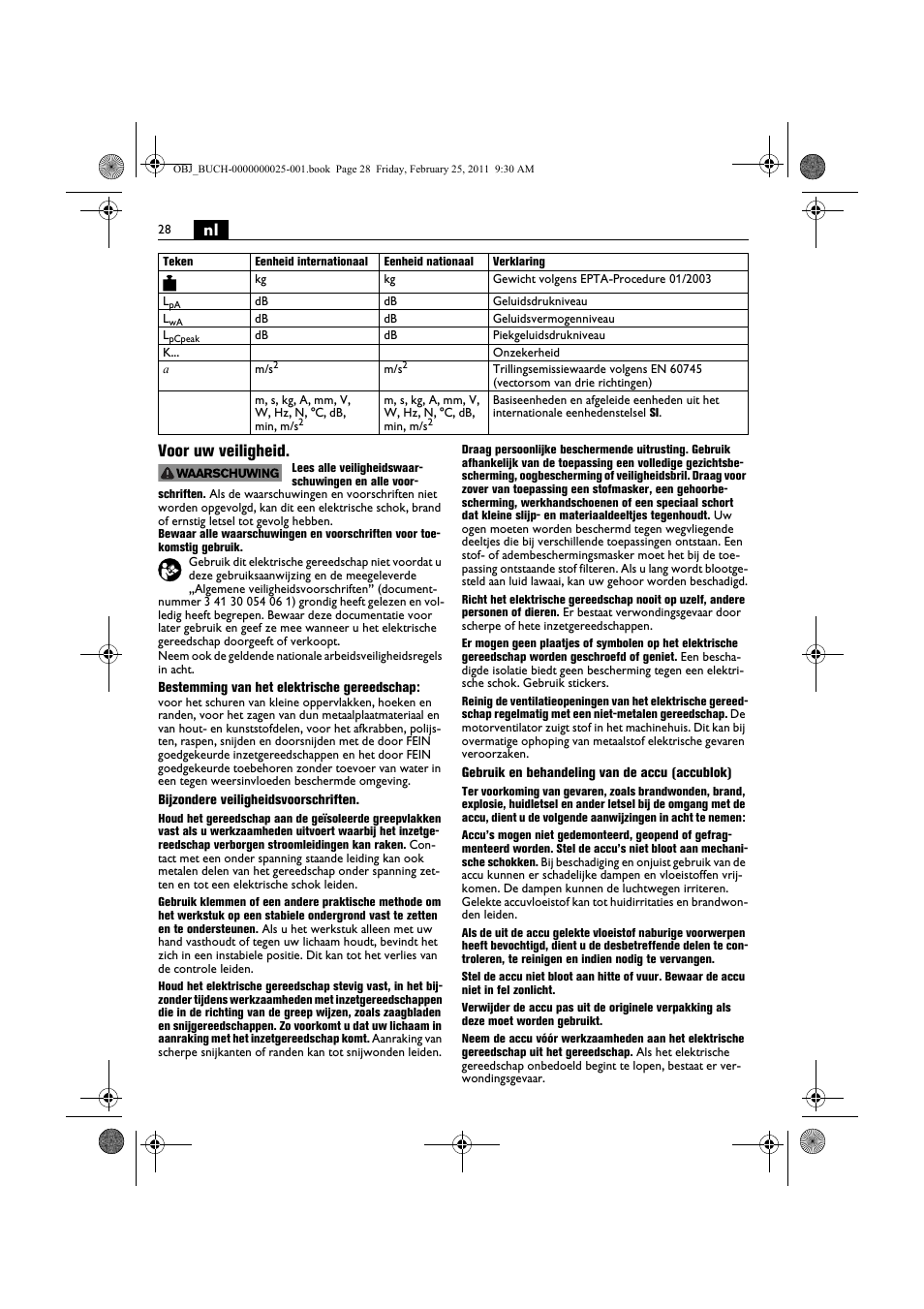Nl voor uw veiligheid | Fein MultiMaster с аккумулятором User Manual | Page 28 / 149