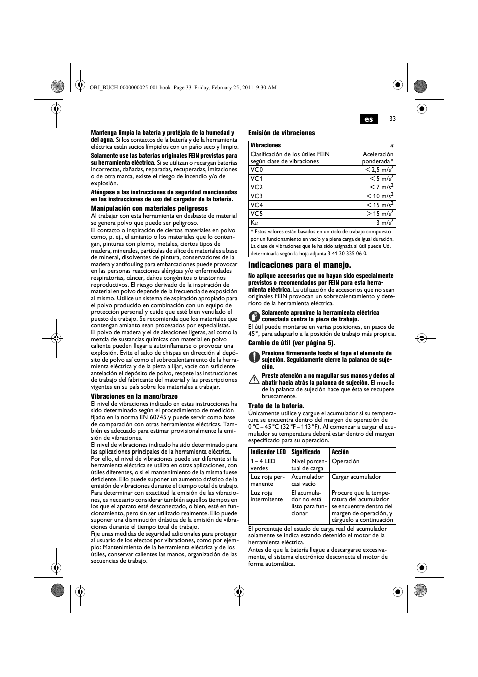 Indicaciones para el manejo | Fein MultiMaster с аккумулятором User Manual | Page 33 / 149