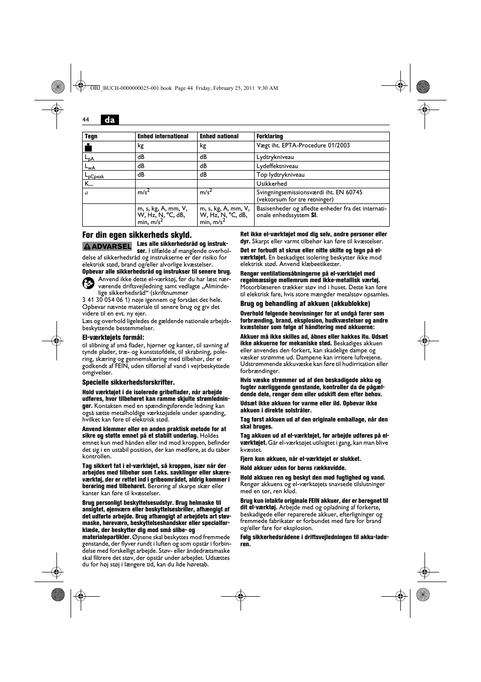 Da for din egen sikkerheds skyld | Fein MultiMaster с аккумулятором User Manual | Page 44 / 149