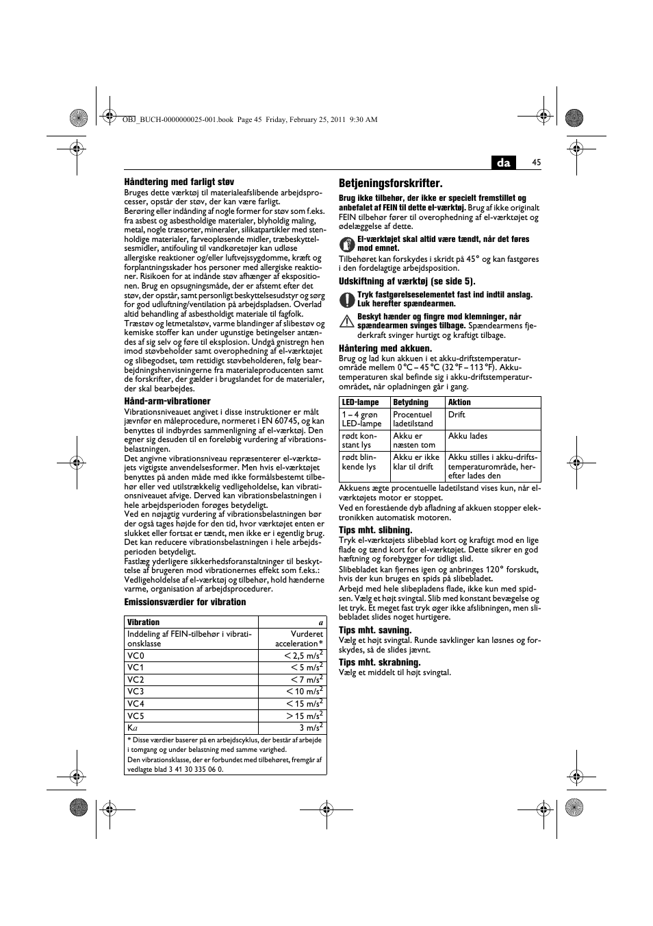 Betjeningsforskrifter | Fein MultiMaster с аккумулятором User Manual | Page 45 / 149