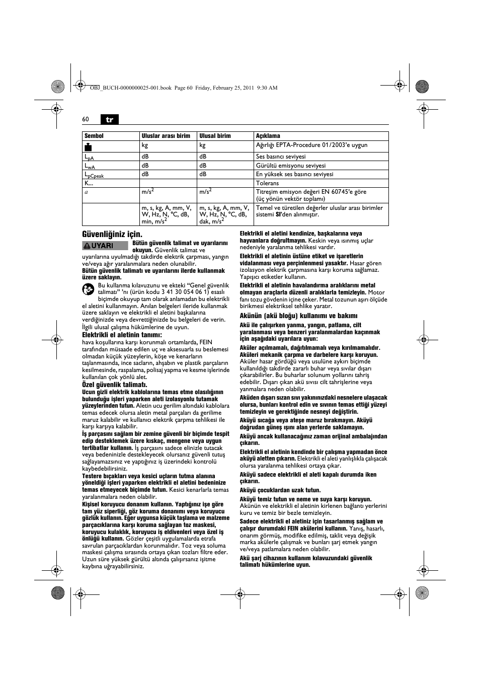 Tr güvenliğiniz için | Fein MultiMaster с аккумулятором User Manual | Page 60 / 149