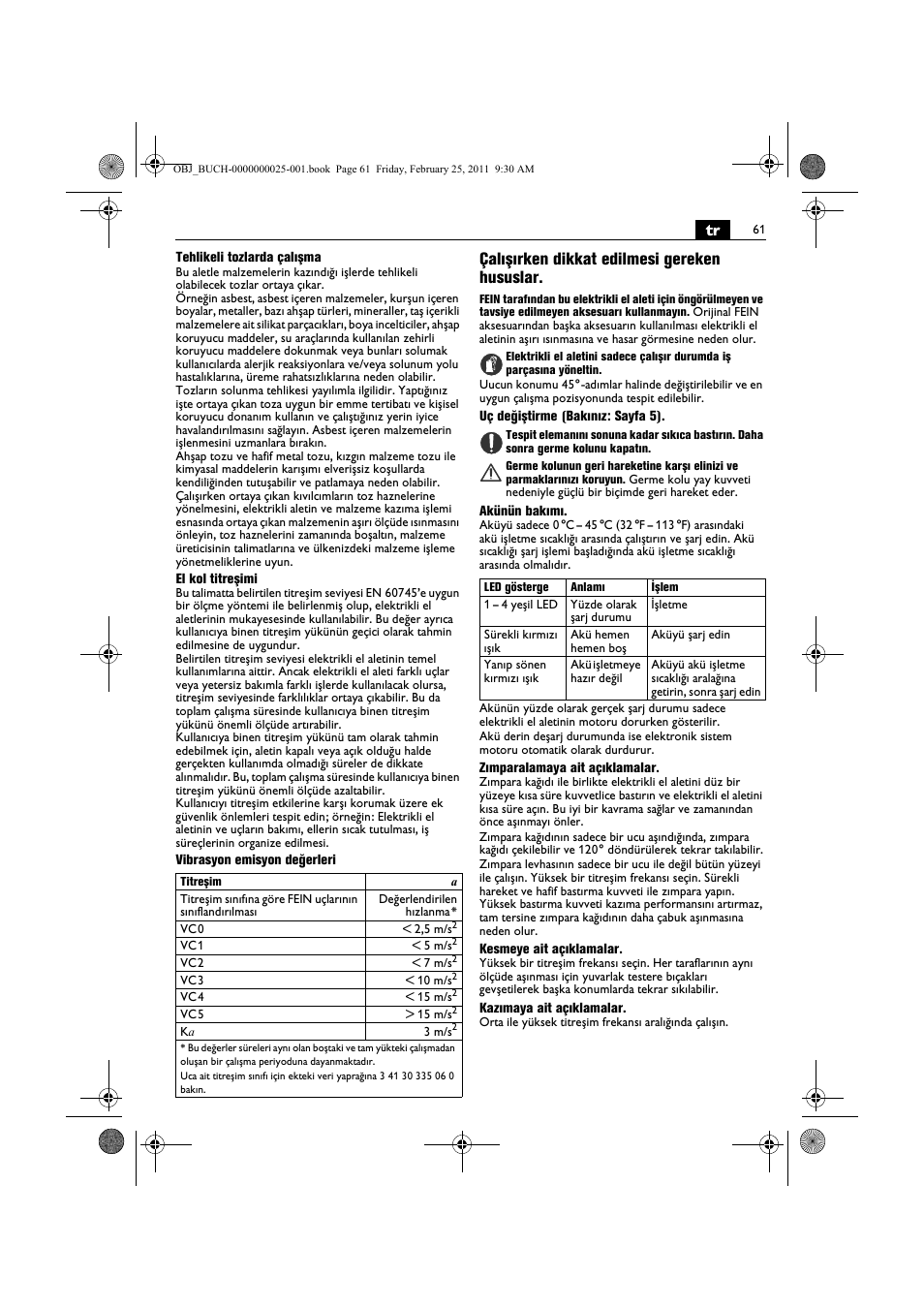 Çalışırken dikkat edilmesi gereken hususlar | Fein MultiMaster с аккумулятором User Manual | Page 61 / 149
