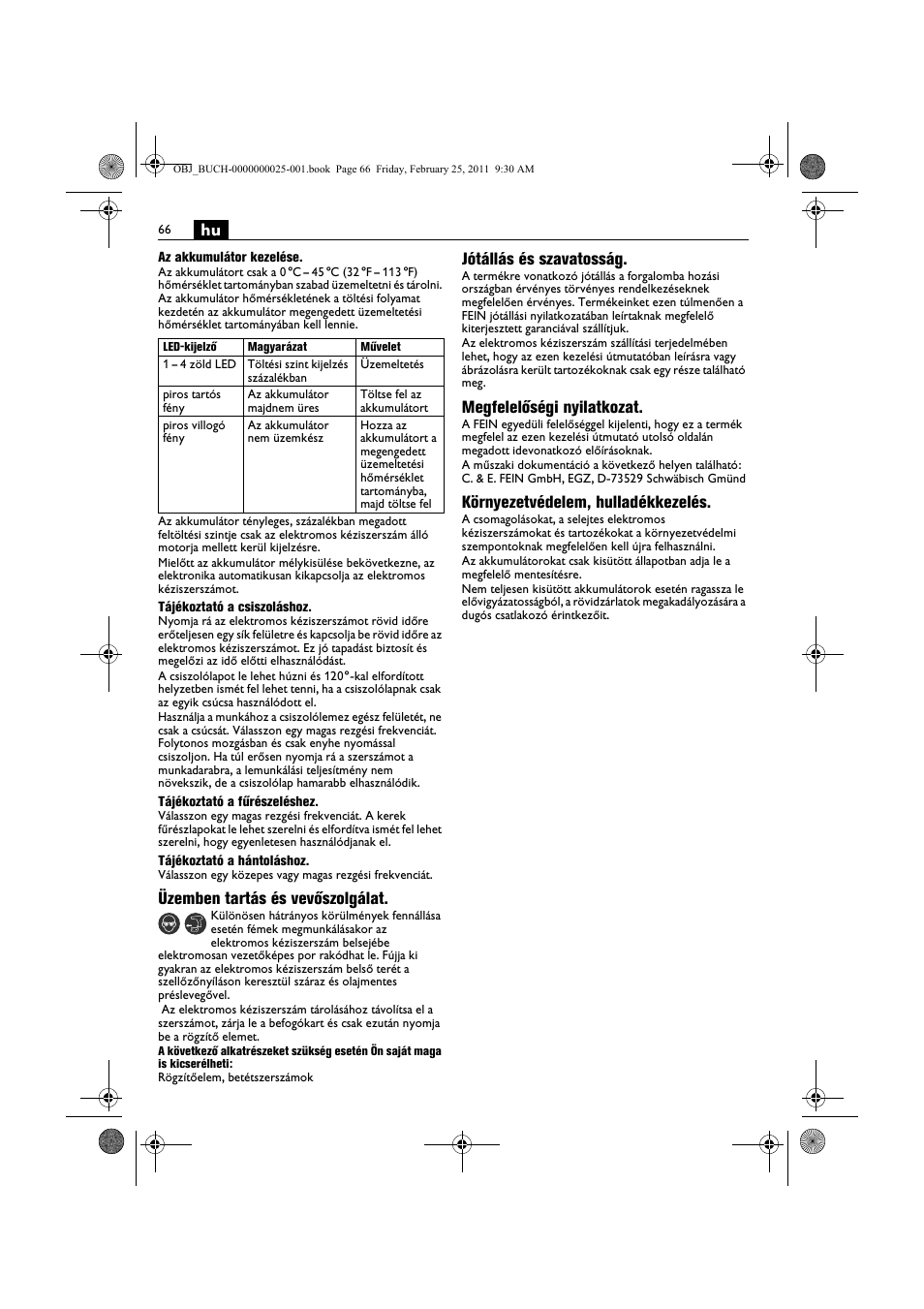 Üzemben tartás és vevőszolgálat, Jótállás és szavatosság, Megfelelőségi nyilatkozat | Környezetvédelem, hulladékkezelés | Fein MultiMaster с аккумулятором User Manual | Page 66 / 149