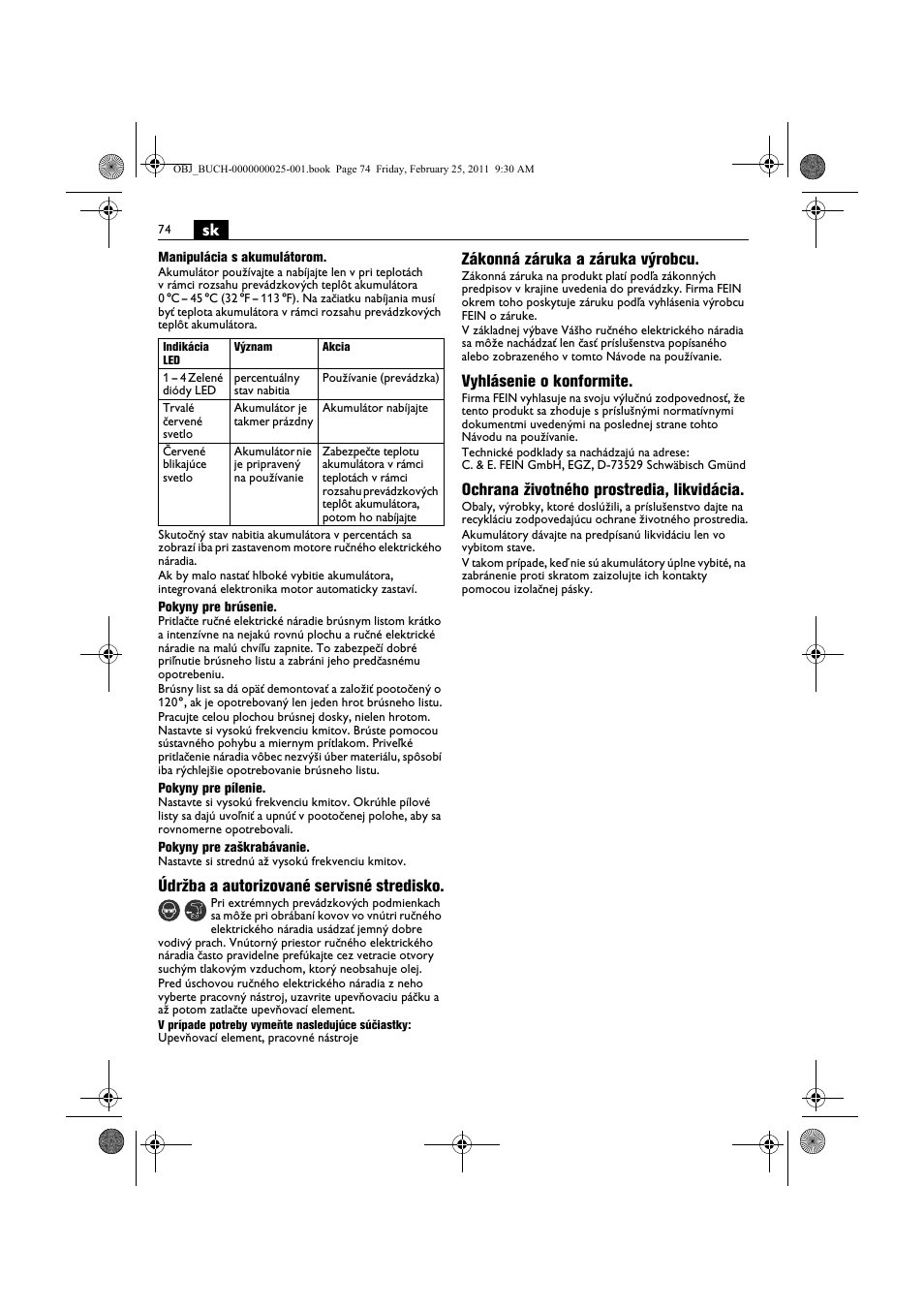 Údržba a autorizované servisné stredisko, Zákonná záruka a záruka výrobcu, Vyhlásenie o konformite | Ochrana životného prostredia, likvidácia | Fein MultiMaster с аккумулятором User Manual | Page 74 / 149