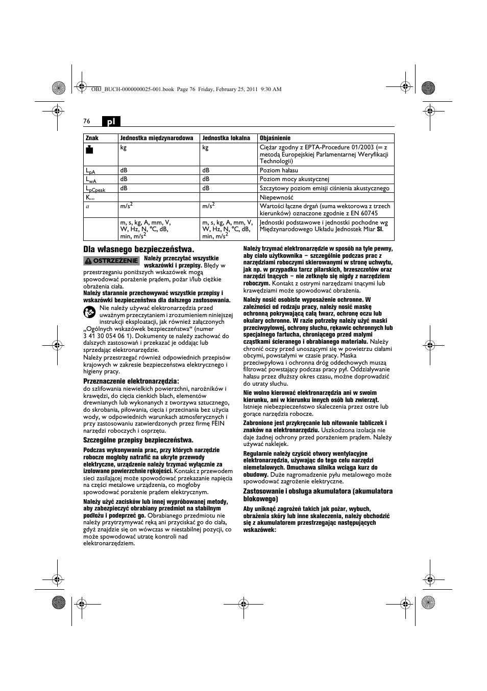 Pl dla własnego bezpieczeństwa | Fein MultiMaster с аккумулятором User Manual | Page 76 / 149