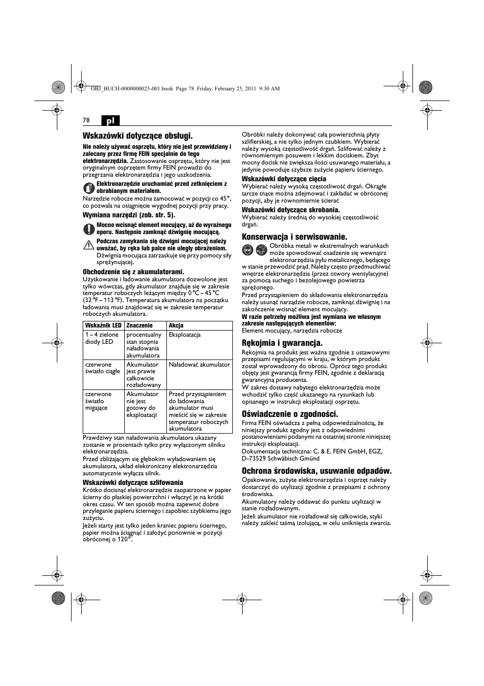 Pl wskazówki dotyczące obsługi, Konserwacja i serwisowanie, Rękojmia i gwarancja | Oświadczenie o zgodności, Ochrona środowiska, usuwanie odpadów | Fein MultiMaster с аккумулятором User Manual | Page 78 / 149
