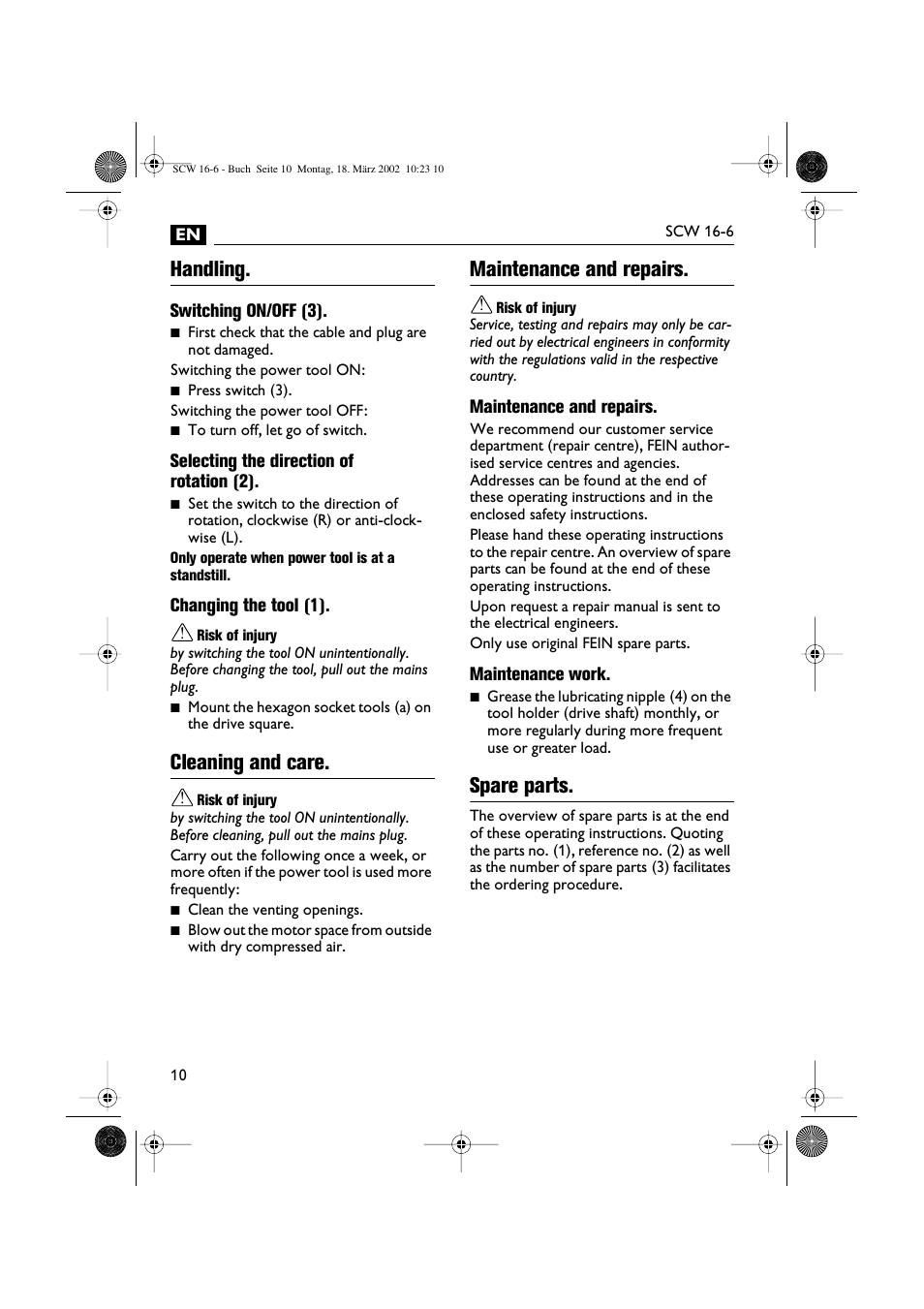 Handling, Cleaning and care, Maintenance and repairs | Spare parts | Fein SCW16_6 User Manual | Page 10 / 80