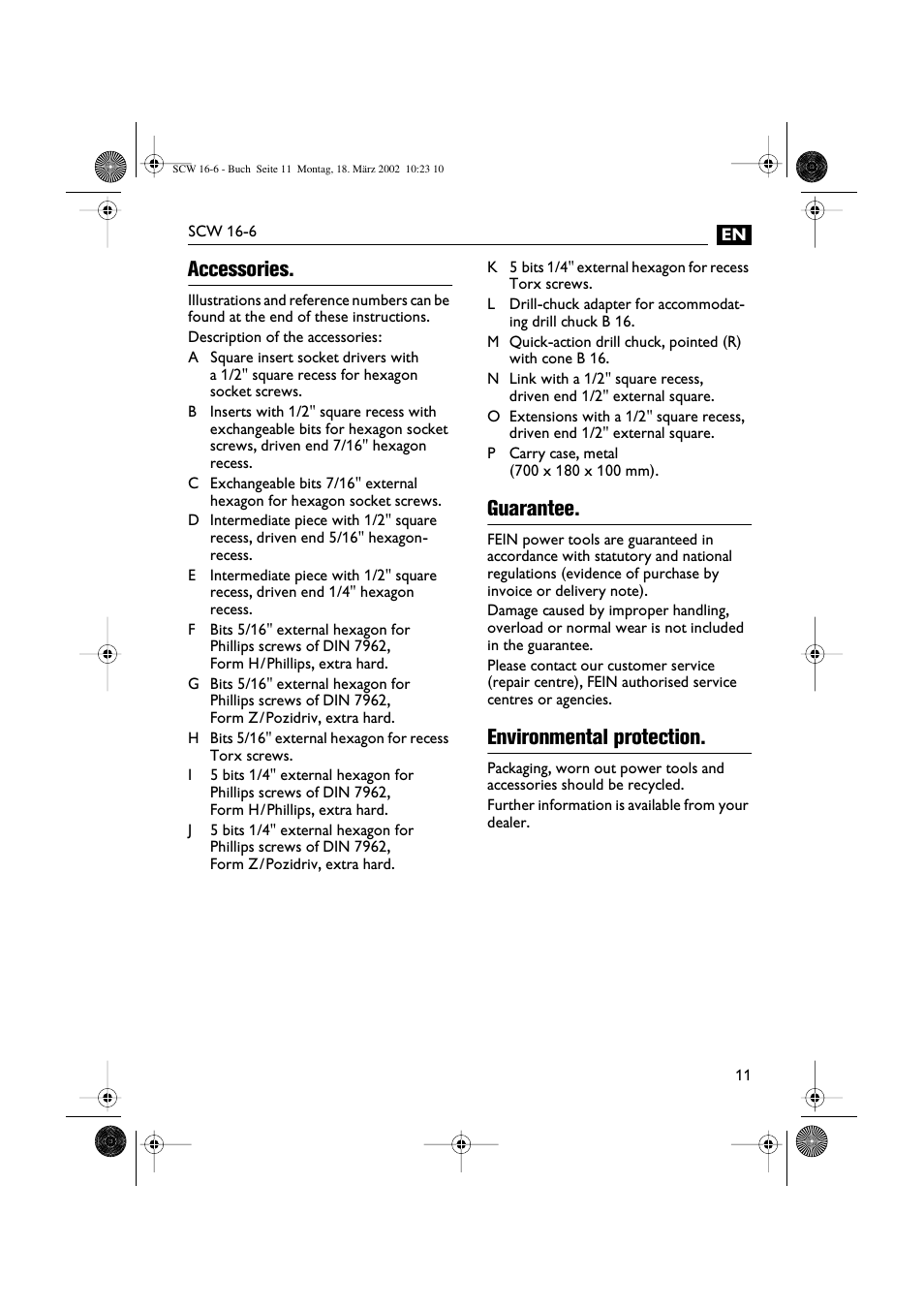 Accessories, Guarantee, Environmental protection | Fein SCW16_6 User Manual | Page 11 / 80