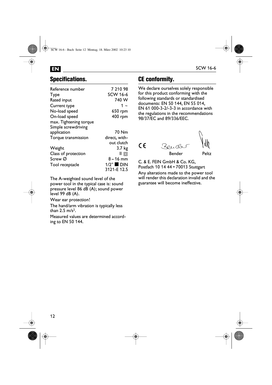 Specifications, Ce conformity | Fein SCW16_6 User Manual | Page 12 / 80