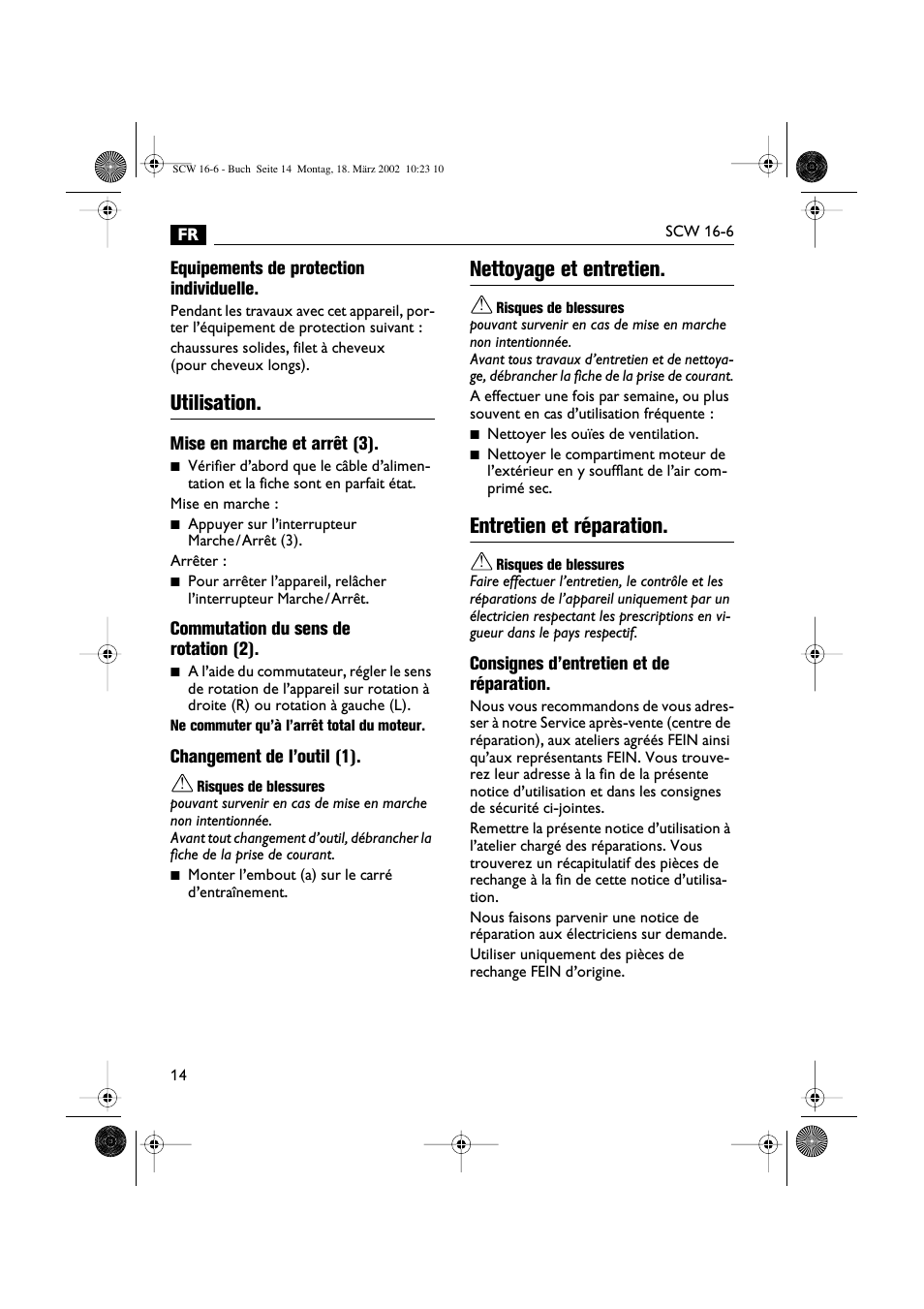 Utilisation, Nettoyage et entretien, Entretien et réparation | Fein SCW16_6 User Manual | Page 14 / 80