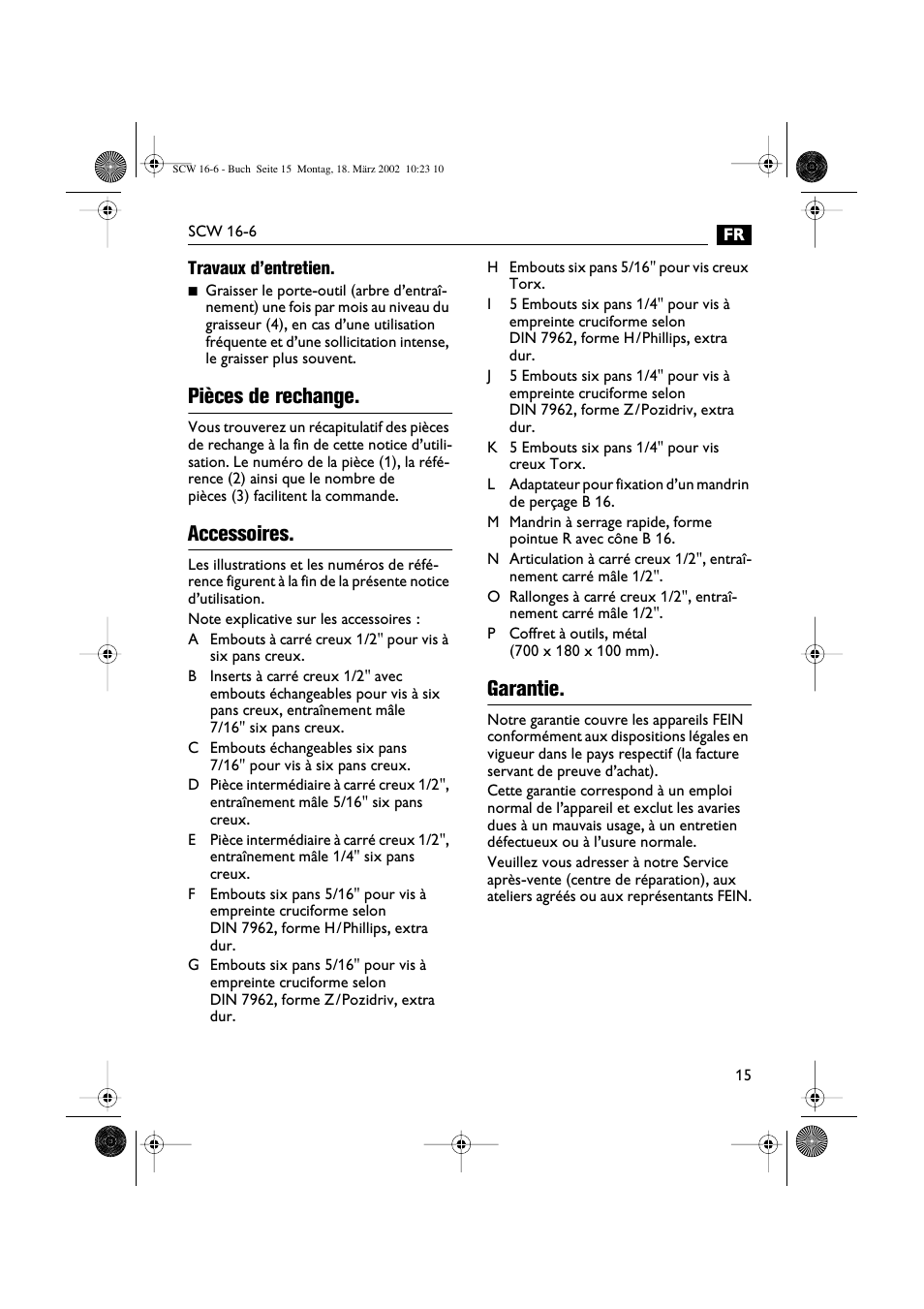 Pièces de rechange, Accessoires, Garantie | Fein SCW16_6 User Manual | Page 15 / 80